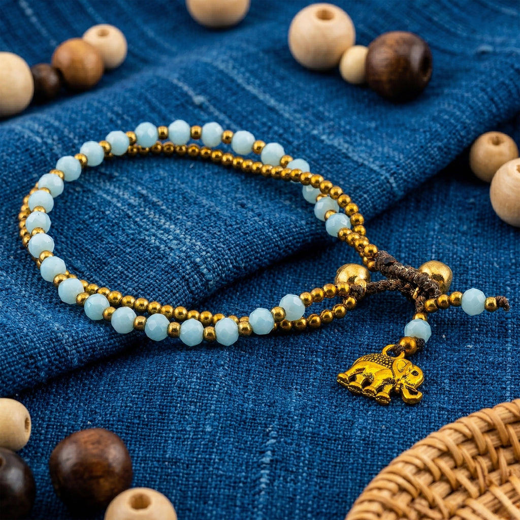Sky Blue Elephant Bracelet for Women, Thai Glass Beads, Monk Blessed | Artisan Whisper
