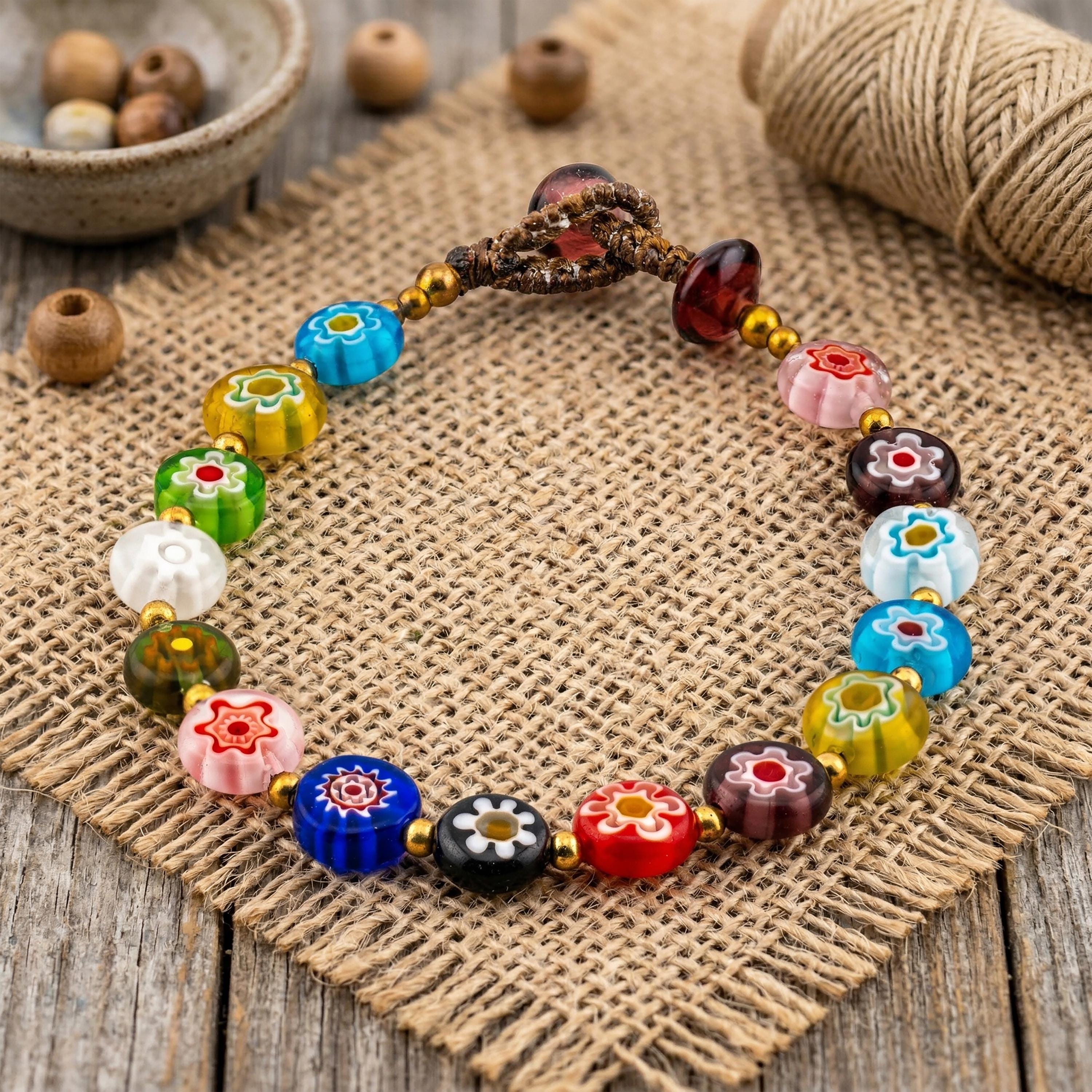 Colorful Floral Glass Bracelet for Women, Adjustable Thai Jewelry, Monk Blessed | Artisan Petals
