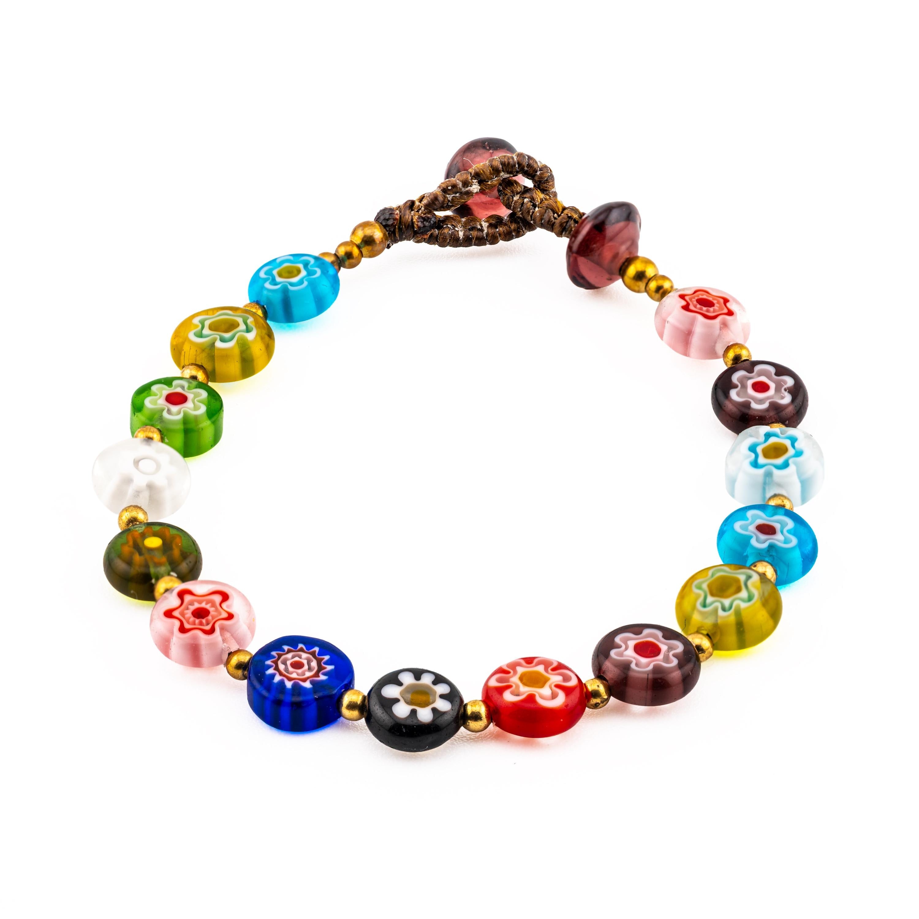 Colorful Floral Glass Bracelet for Women, Adjustable Thai Jewelry, Monk Blessed | Artisan Petals