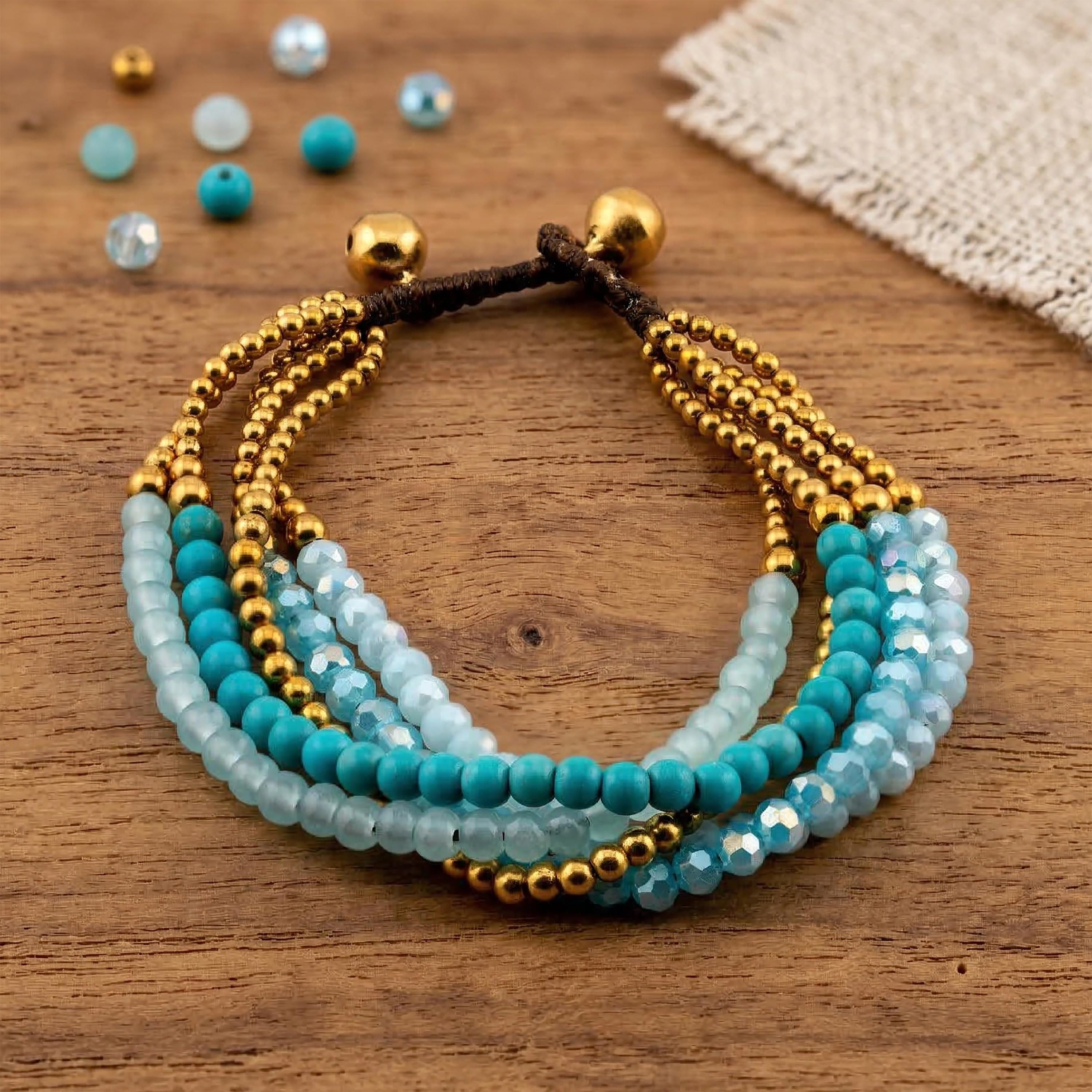 Turquoise Five-Strand Bracelet for Women, Thai Glass and Stone Beads, Monk Blessed | Artisan Lagoon
