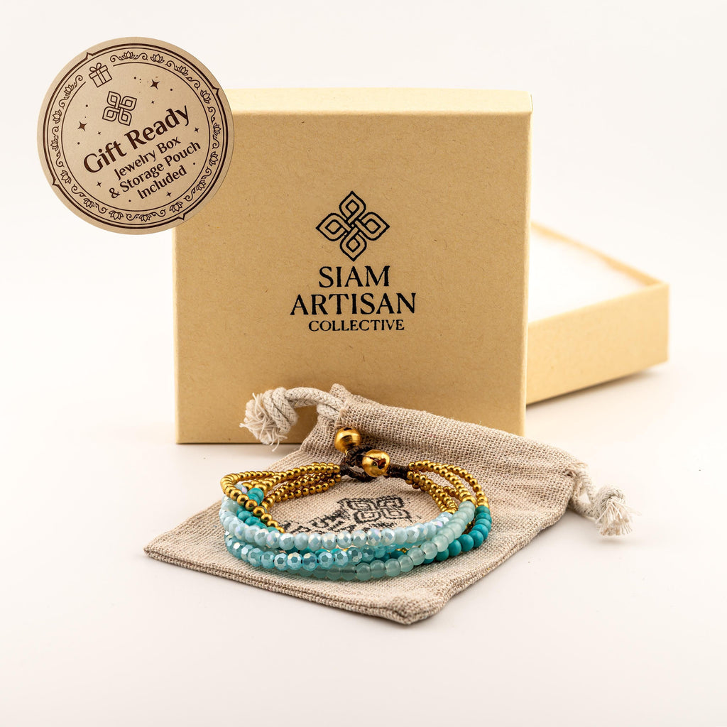 Turquoise Five-Strand Bracelet for Women, Thai Glass and Stone Beads, Monk Blessed | Artisan Lagoon