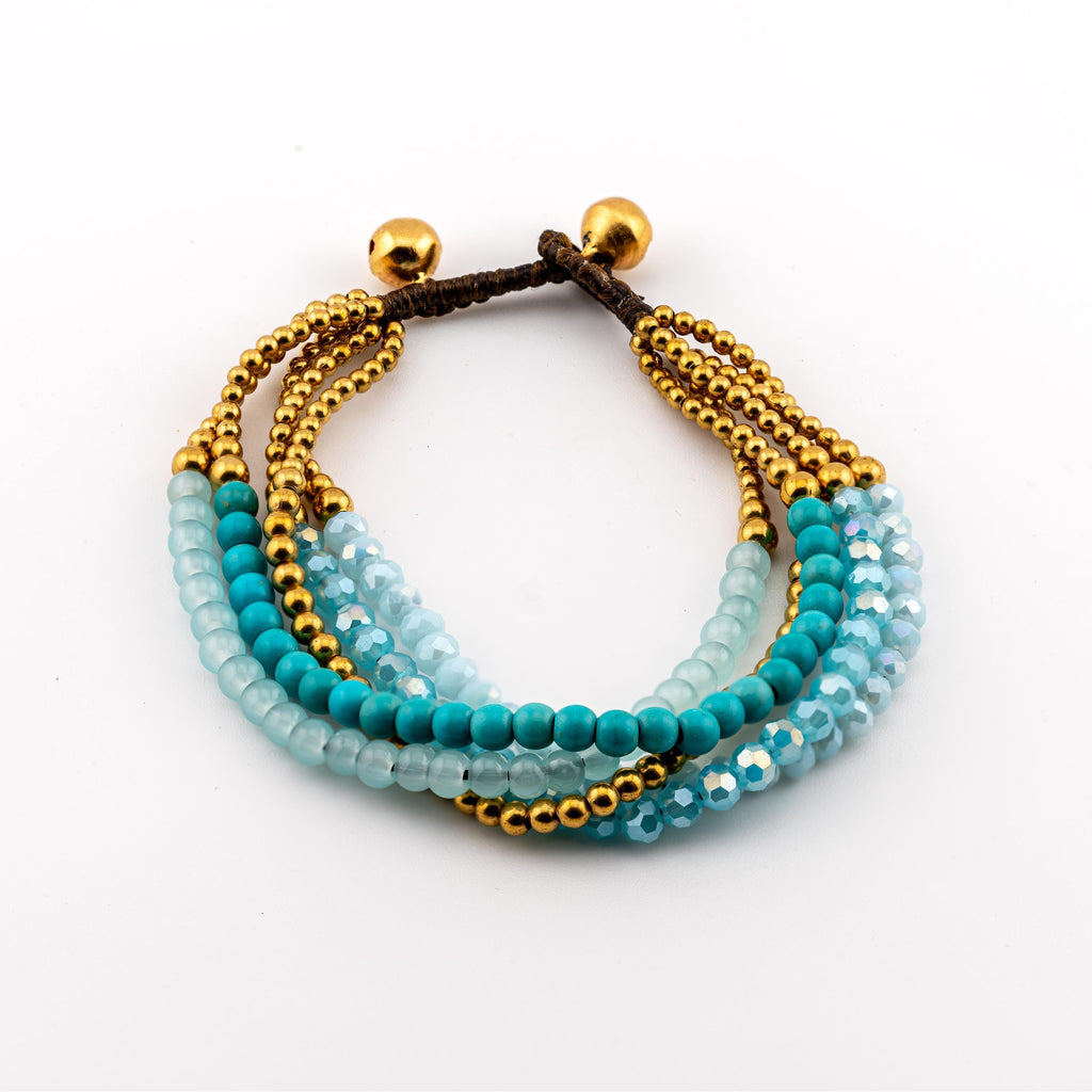 Turquoise Five-Strand Bracelet for Women, Thai Glass and Stone Beads, Monk Blessed | Artisan Lagoon