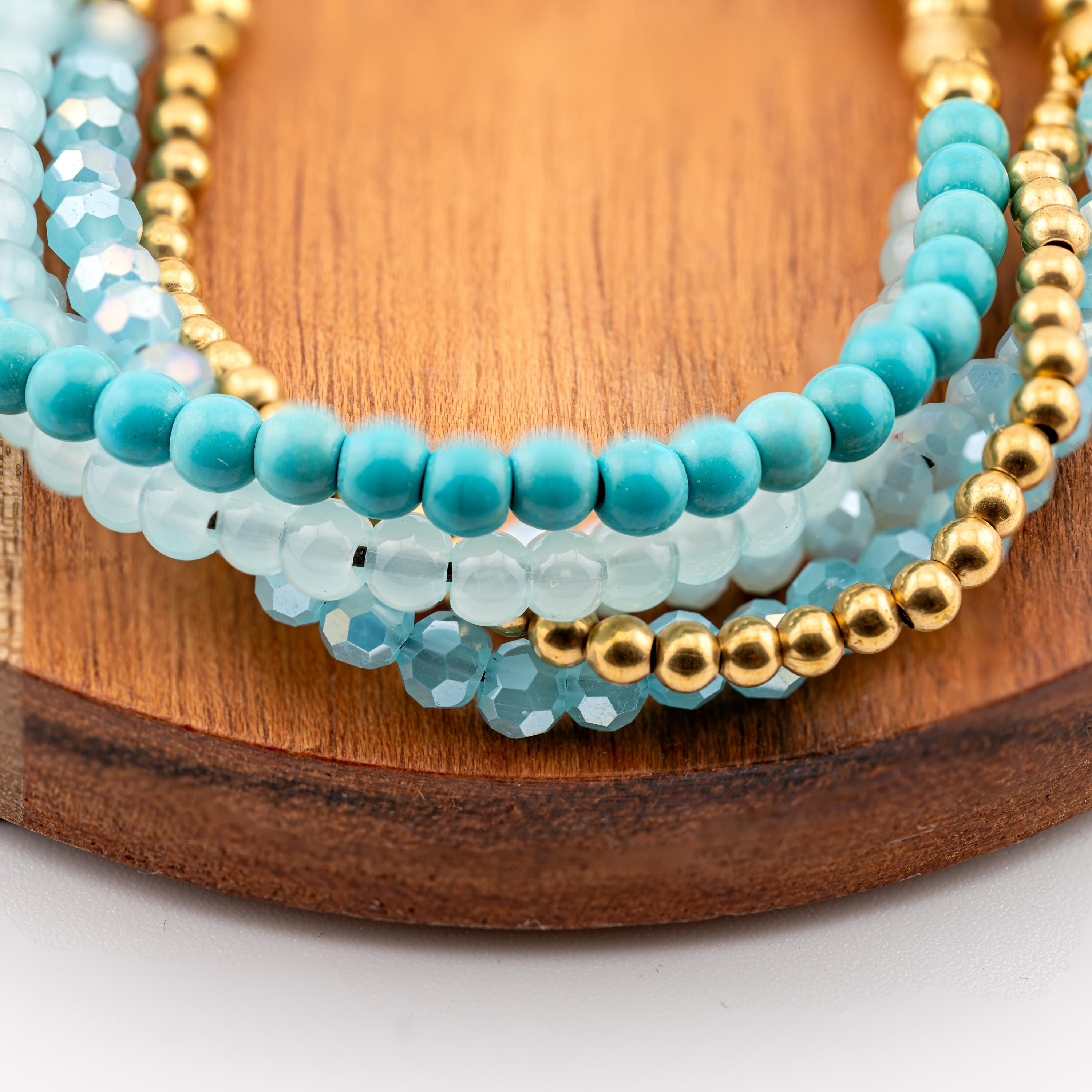 Turquoise Five-Strand Bracelet for Women, Thai Glass and Stone Beads, Monk Blessed | Artisan Lagoon