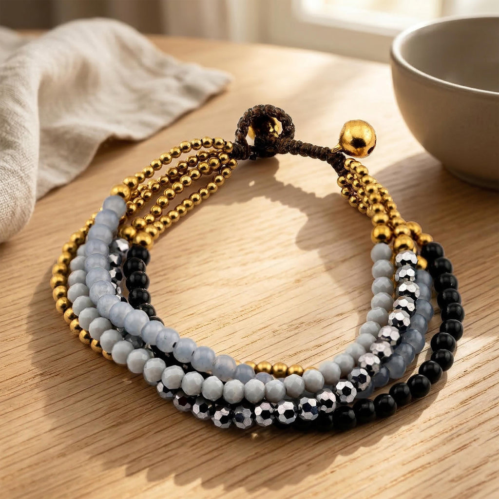 Gray Five-Strand Bracelet for Women, Thai Glass and Stone Beads, Monk Blessed | Artisan Eclipse