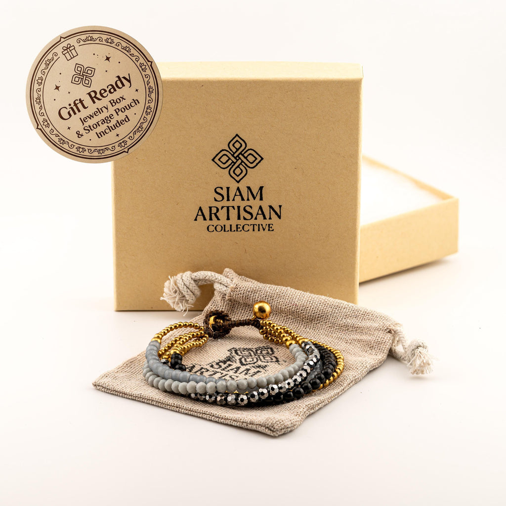 Gray Five-Strand Bracelet for Women, Thai Glass and Stone Beads, Monk Blessed | Artisan Eclipse