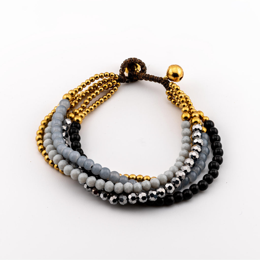 Gray Five-Strand Bracelet for Women, Thai Glass and Stone Beads, Monk Blessed | Artisan Eclipse