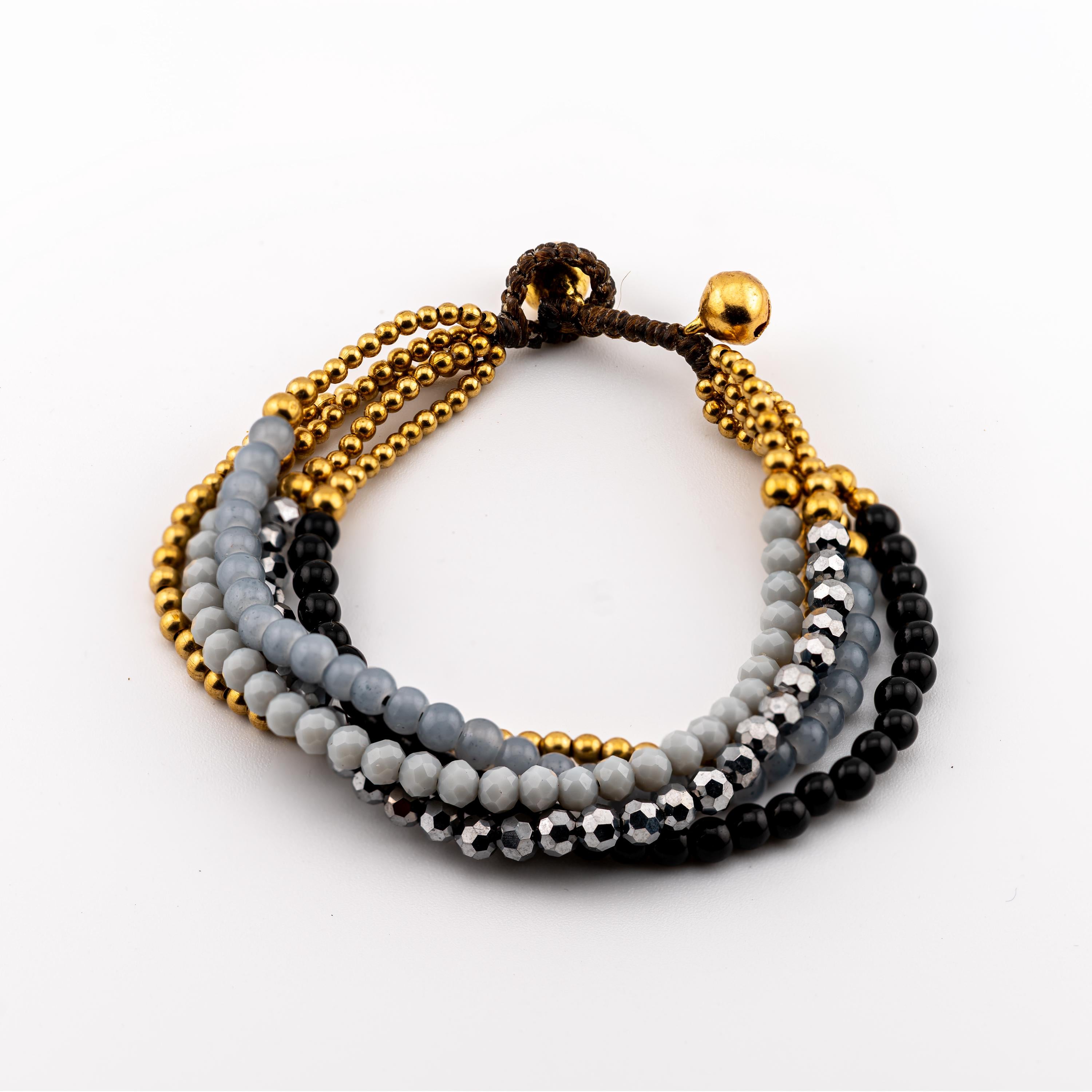 Gray Five-Strand Bracelet for Women, Thai Glass and Stone Beads, Monk Blessed | Artisan Eclipse