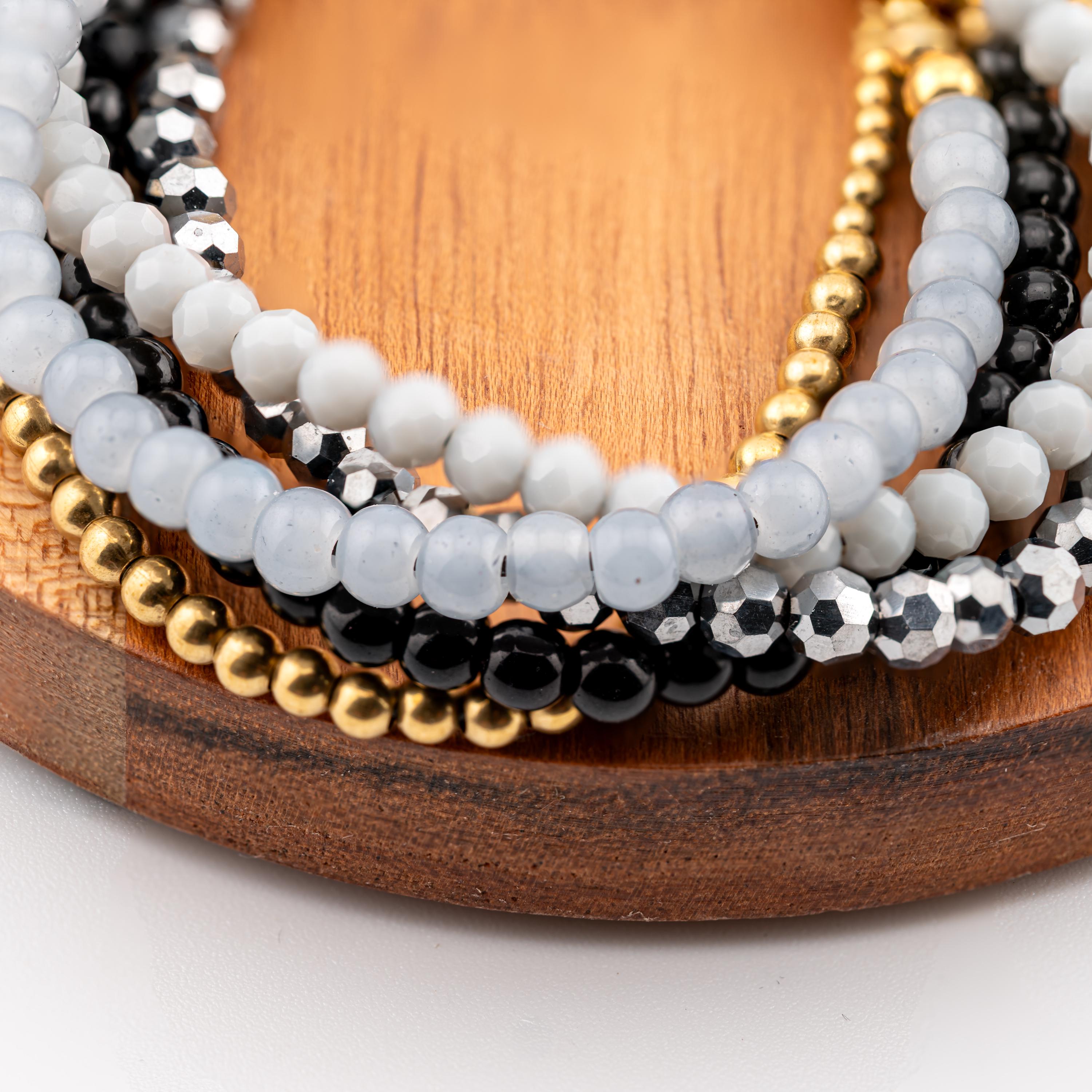 Gray Five-Strand Bracelet for Women, Thai Glass and Stone Beads, Monk Blessed | Artisan Eclipse