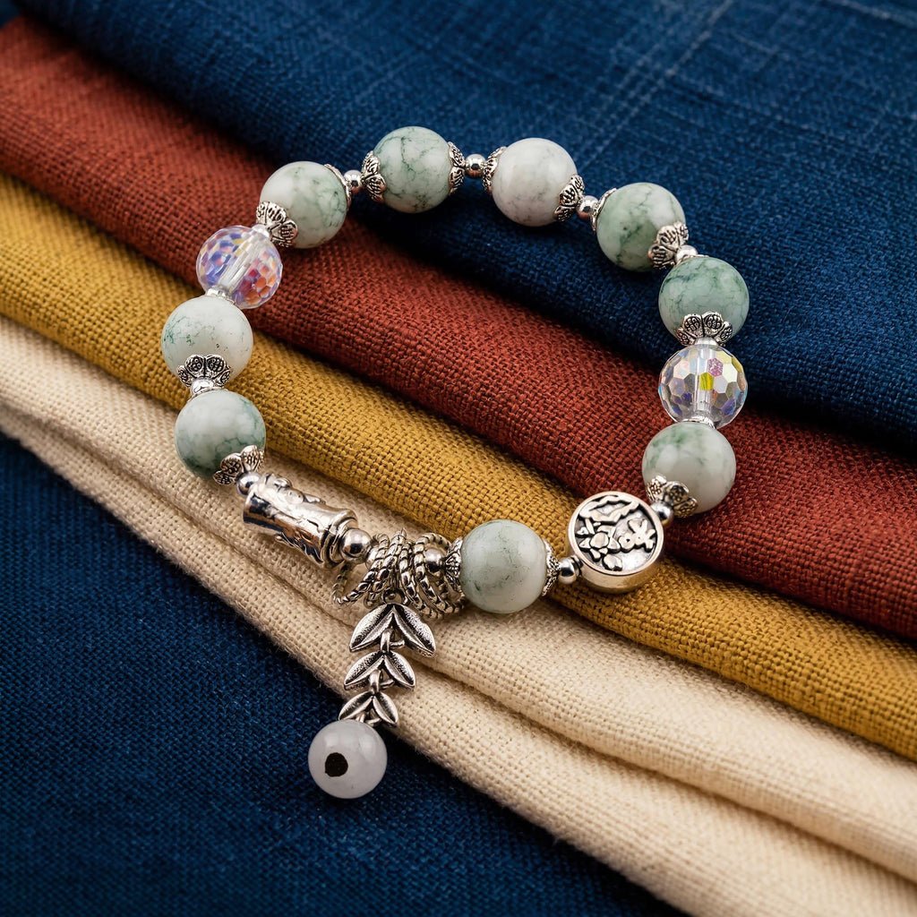 Green Stone Leaf Charm Bracelet for Women, Thai Handmade, Monk Blessed | Artisan Harmony