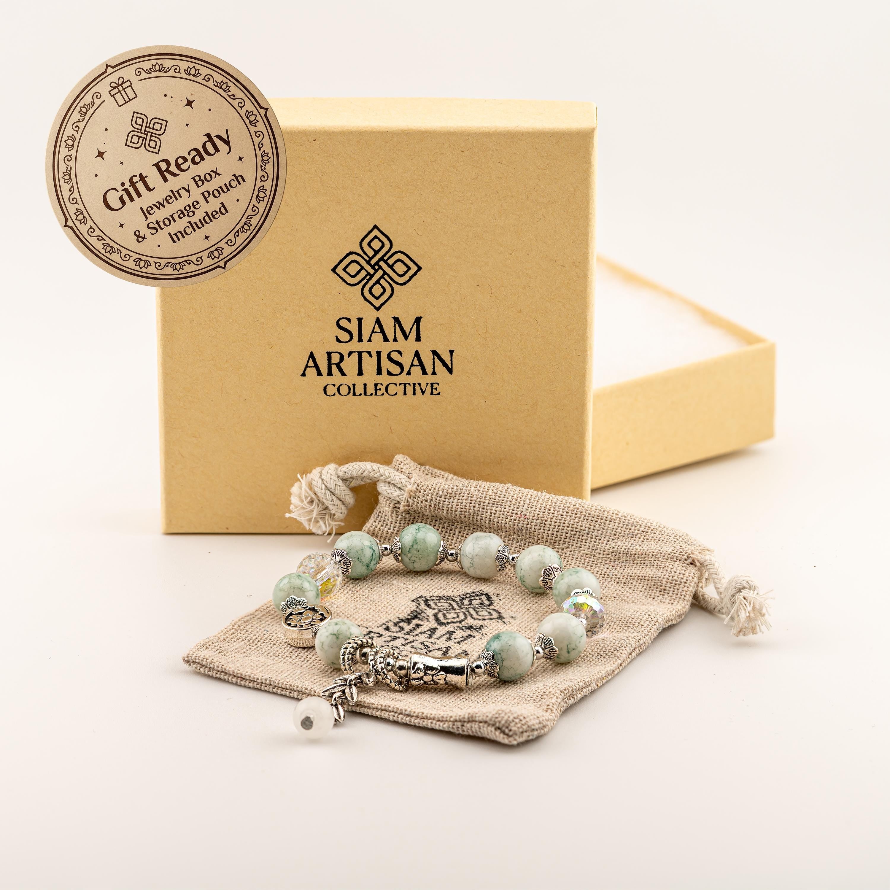 Green Stone Leaf Charm Bracelet for Women, Thai Handmade, Monk Blessed | Artisan Harmony