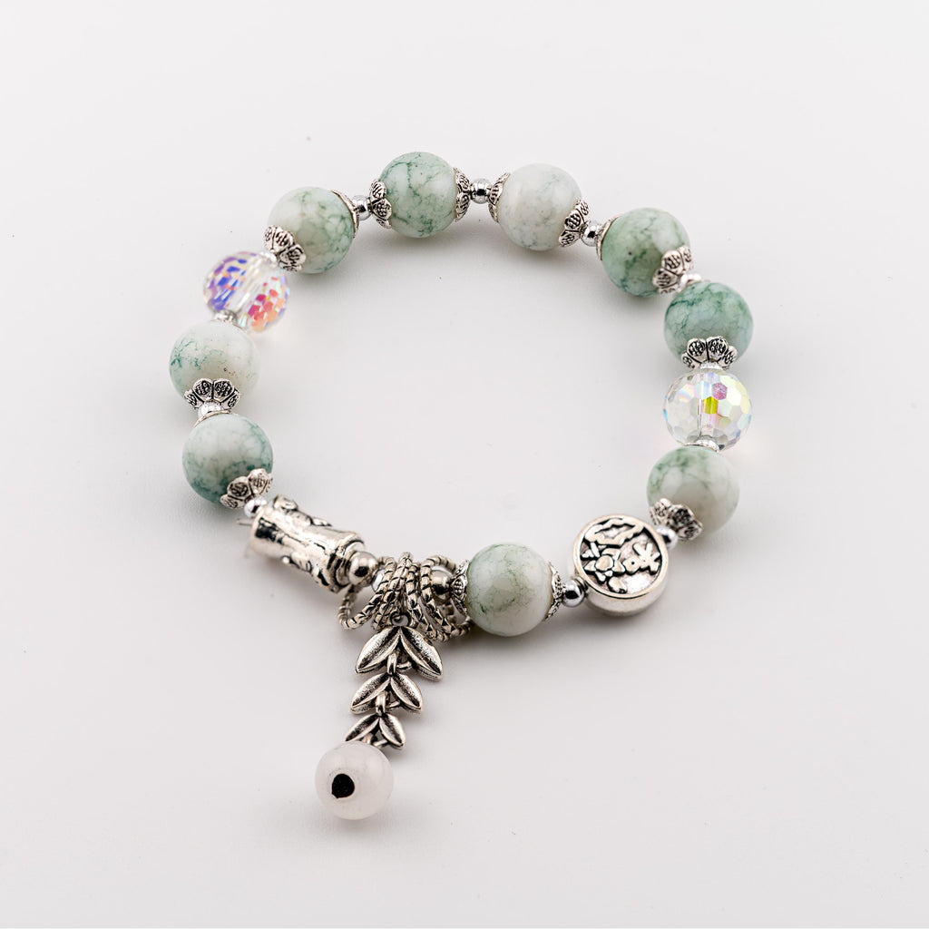 Green Stone Leaf Charm Bracelet for Women, Thai Handmade, Monk Blessed | Artisan Harmony