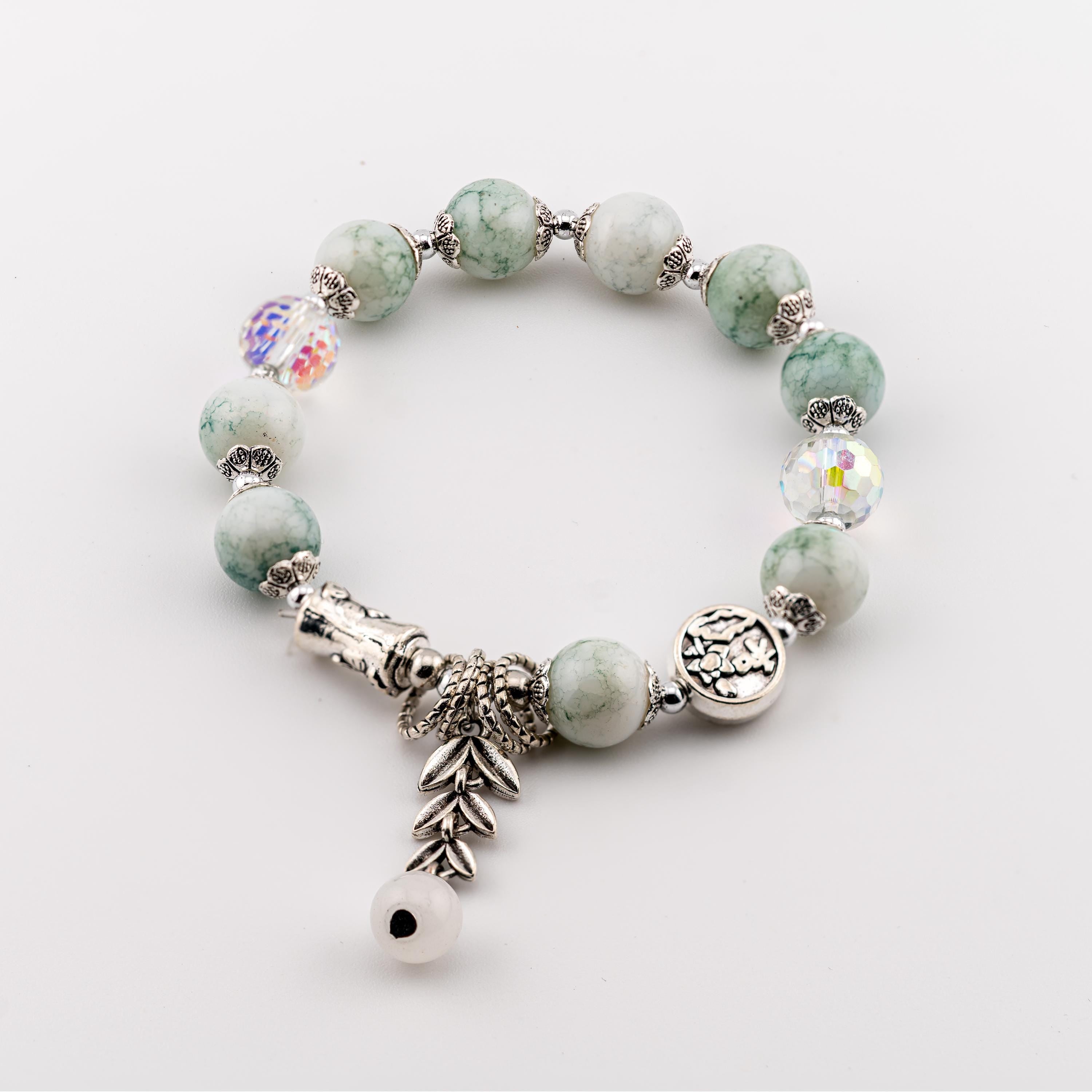 Green Stone Leaf Charm Bracelet for Women, Thai Handmade, Monk Blessed | Artisan Harmony