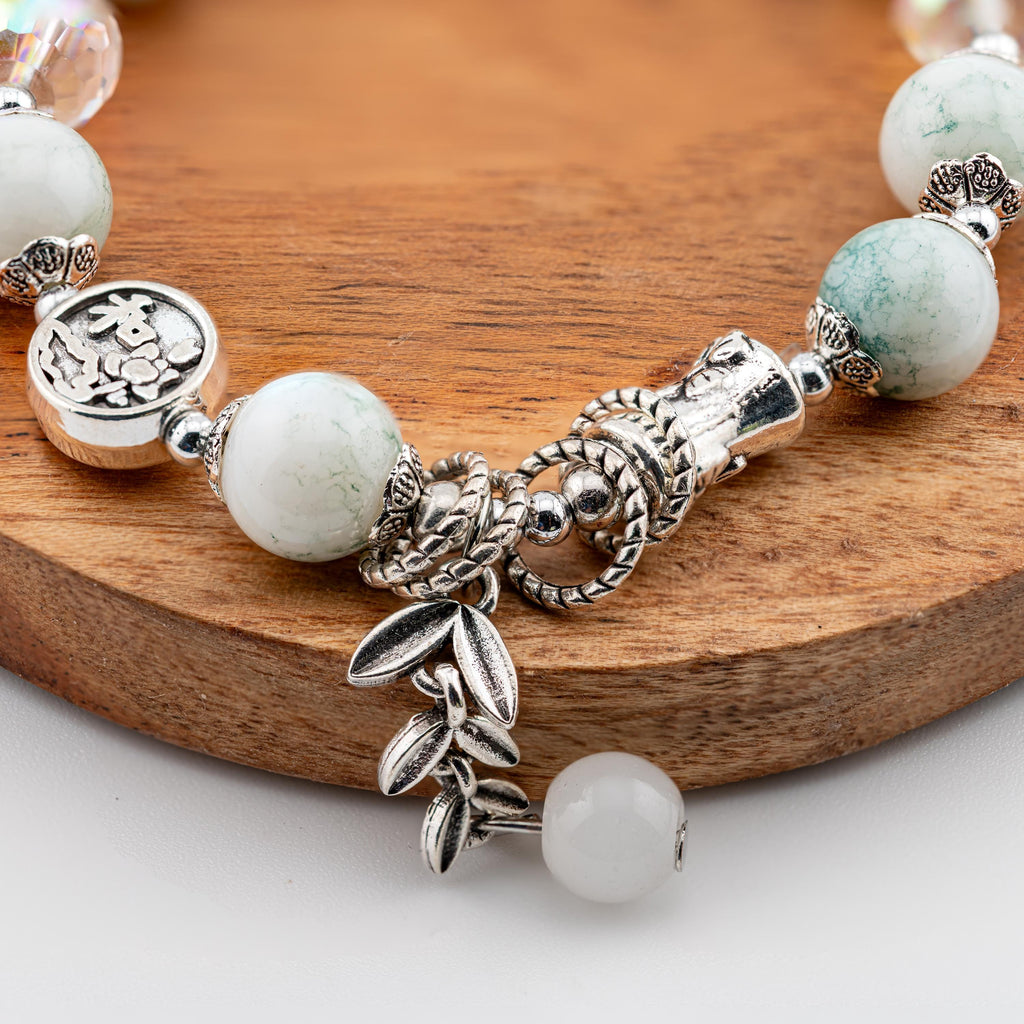 Green Stone Leaf Charm Bracelet for Women, Thai Handmade, Monk Blessed | Artisan Harmony