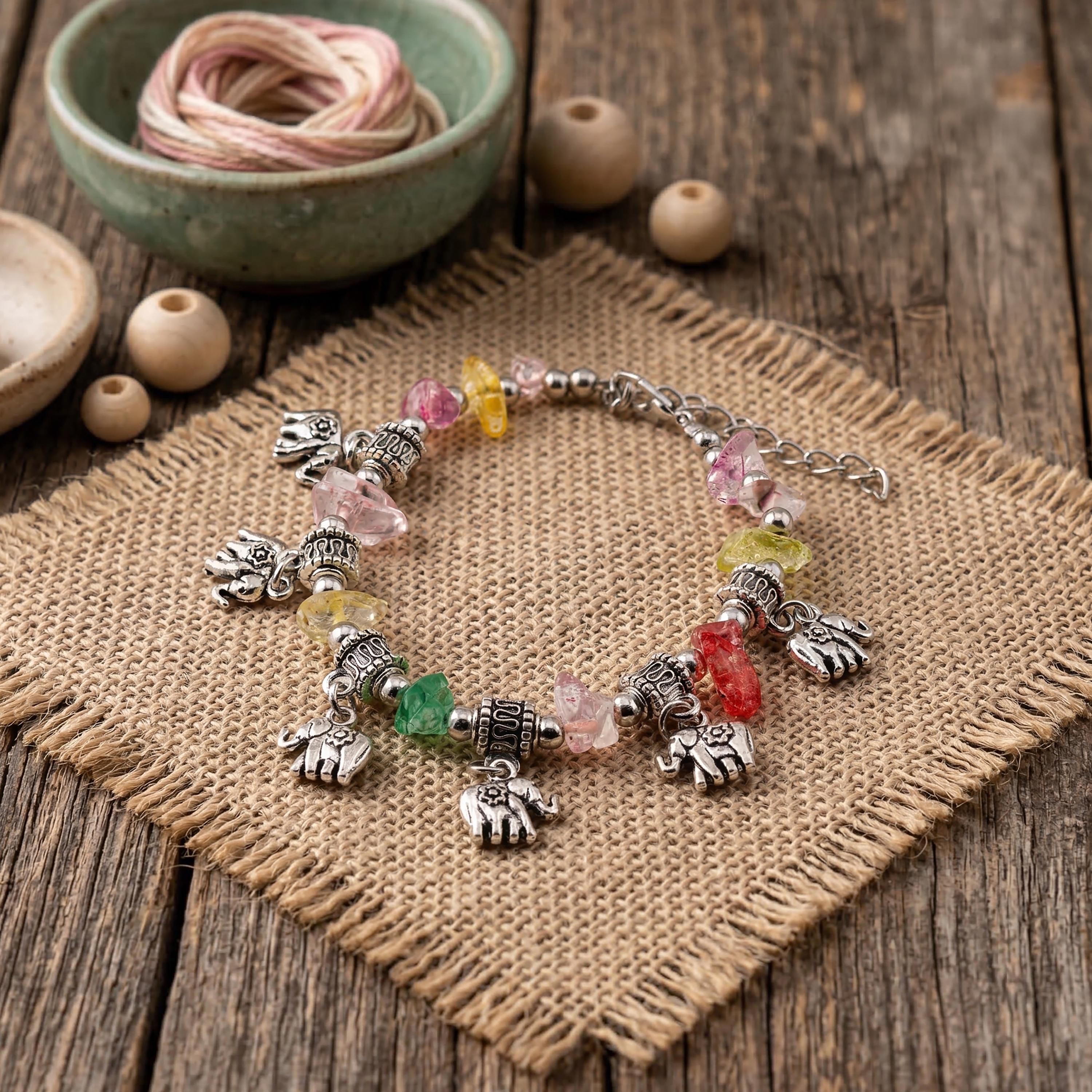 Multicolor Stone Elephant Charm Bracelet for Women, Thai Handmade, Monk Blessed | Artisan Radiance
