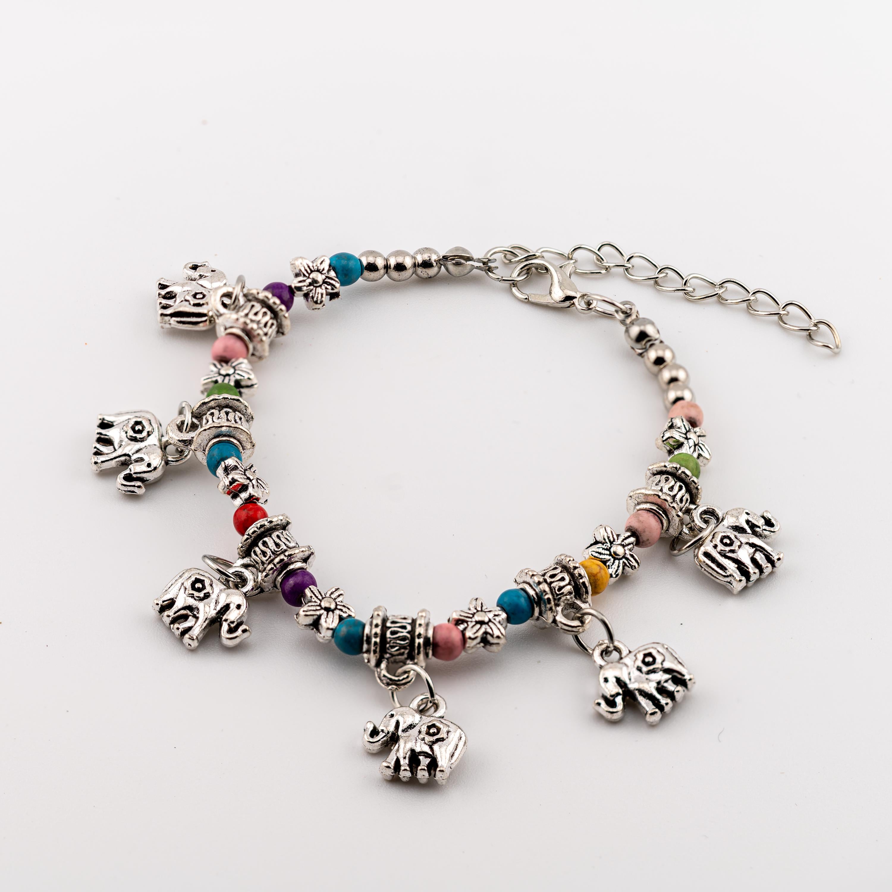 Multicolor Stone Bead Elephant Bracelet for Women, Thai Handmade, Monk Blessed | Artisan Blossom