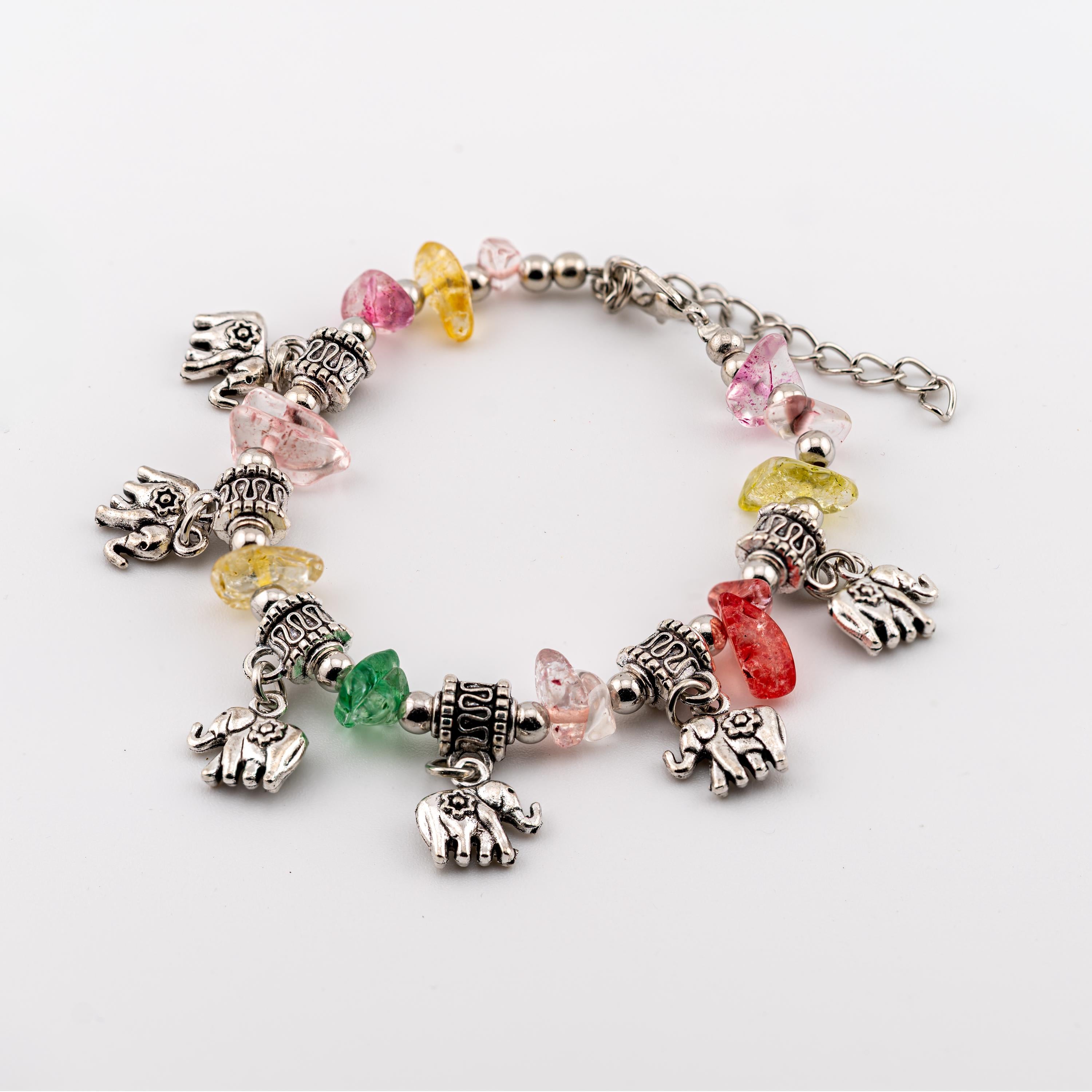 Multicolor Stone Elephant Charm Bracelet for Women, Thai Handmade, Monk Blessed | Artisan Radiance
