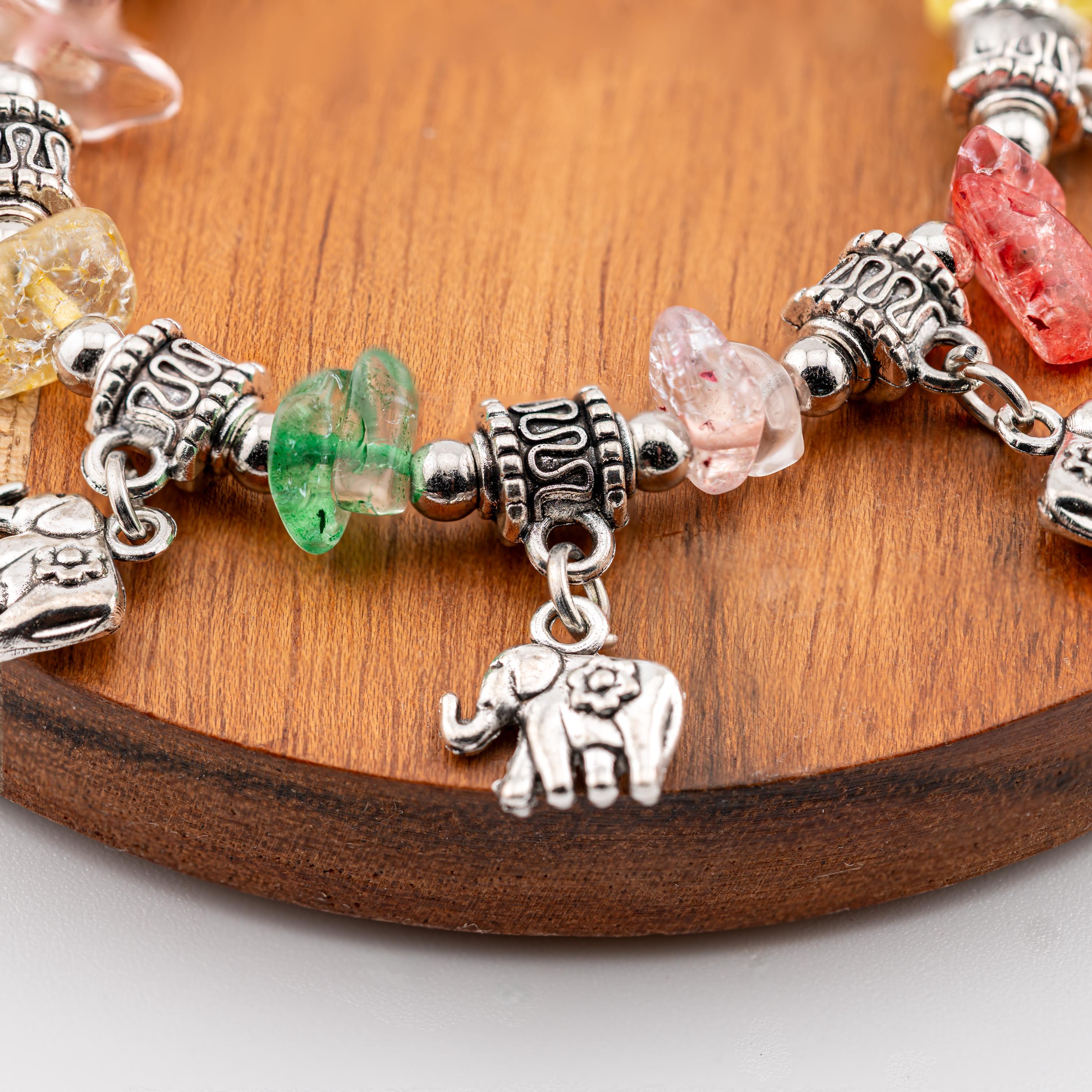 Multicolor Stone Elephant Charm Bracelet for Women, Thai Handmade, Monk Blessed | Artisan Radiance