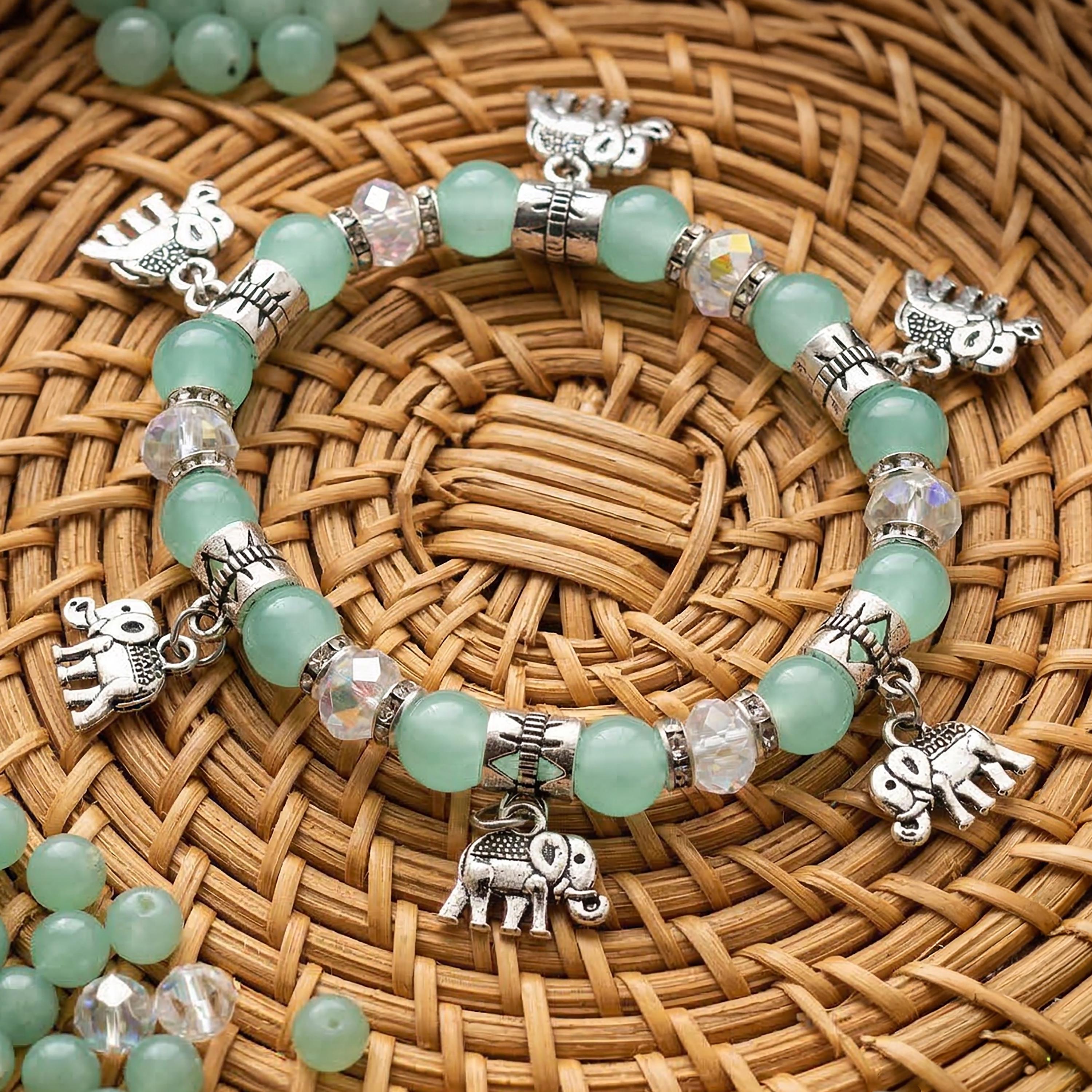 Mint Green Elephant Bracelet for Women, Thai Glass Beads, Monk Blessed | Artisan Blessing