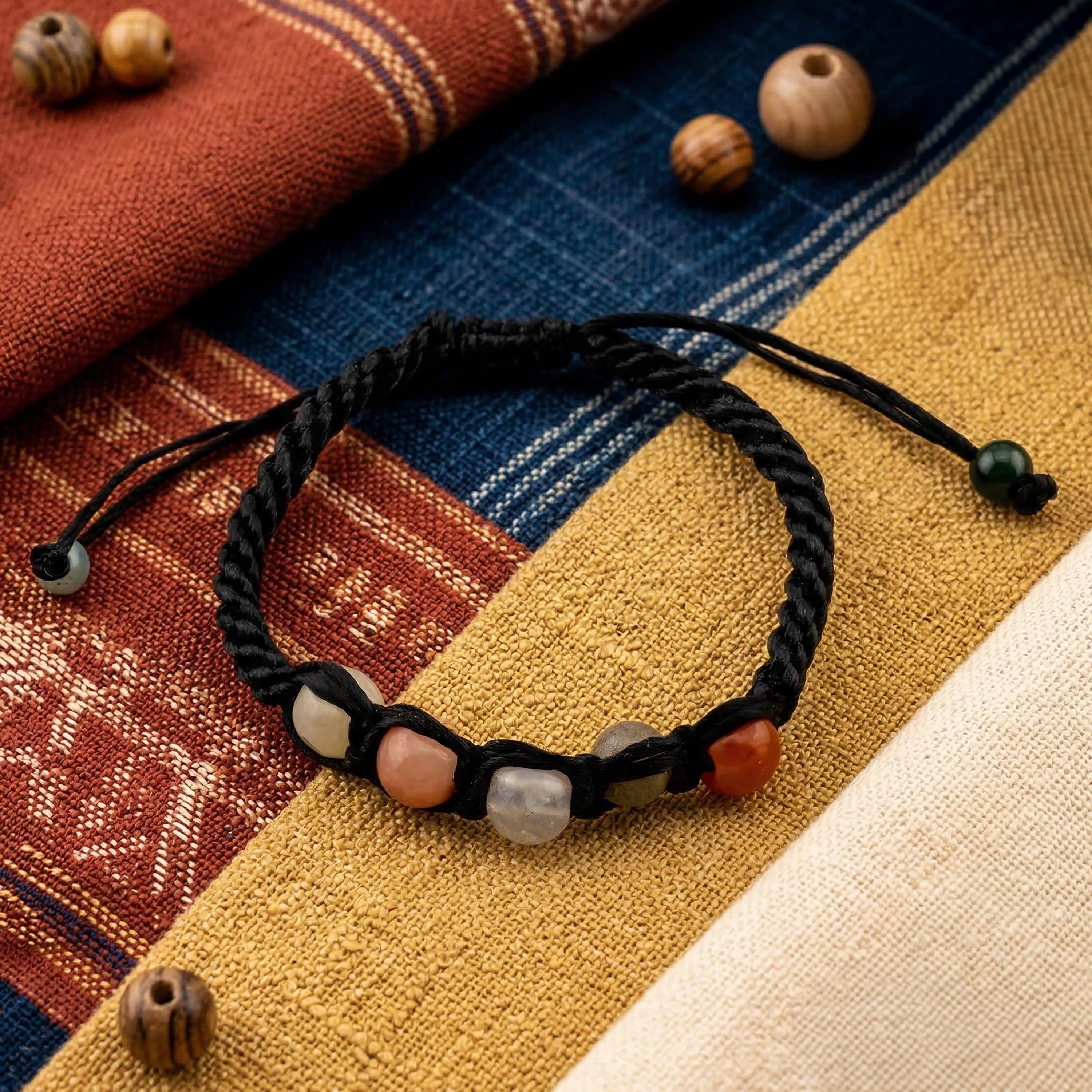 Multicolor Jade Cord Bracelet, Adjustable Unisex Thai Jewelry, Monk Blessed | Artisan Horizon