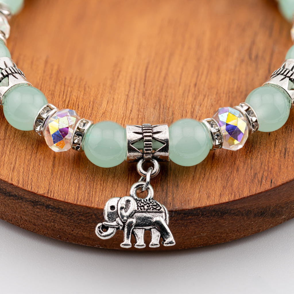 Mint Green Elephant Bracelet for Women, Thai Glass Beads, Monk Blessed | Artisan Blessing