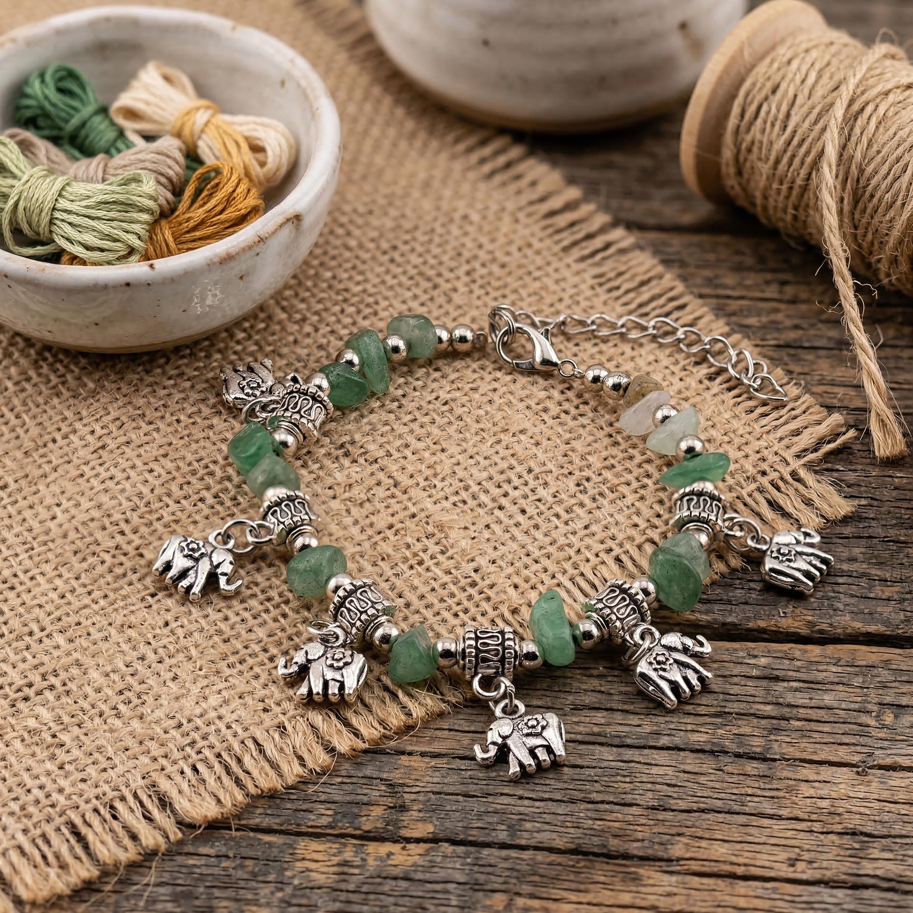 Green Stone Elephant Charm Bracelet for Women, Thai Handmade, Monk Blessed | Artisan Meadow