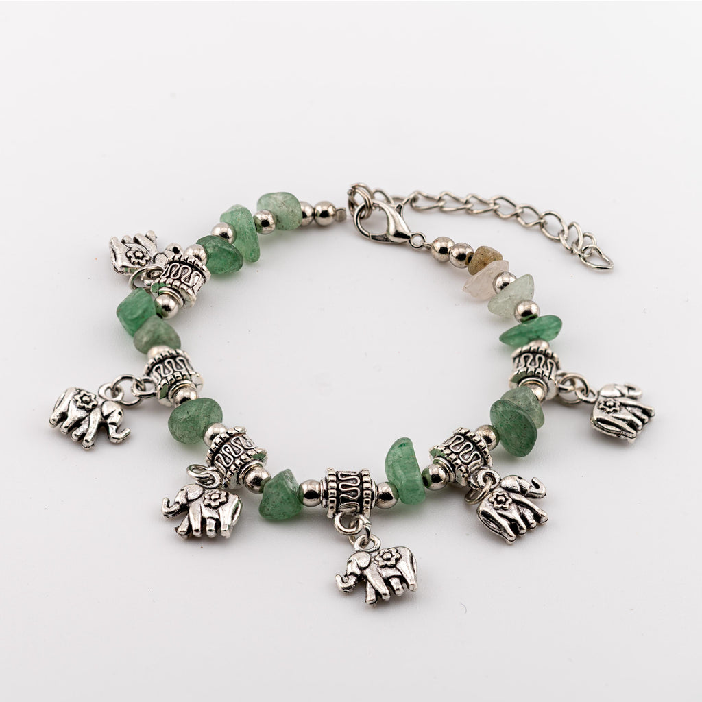 Green Stone Elephant Charm Bracelet for Women, Thai Handmade, Monk Blessed | Artisan Meadow