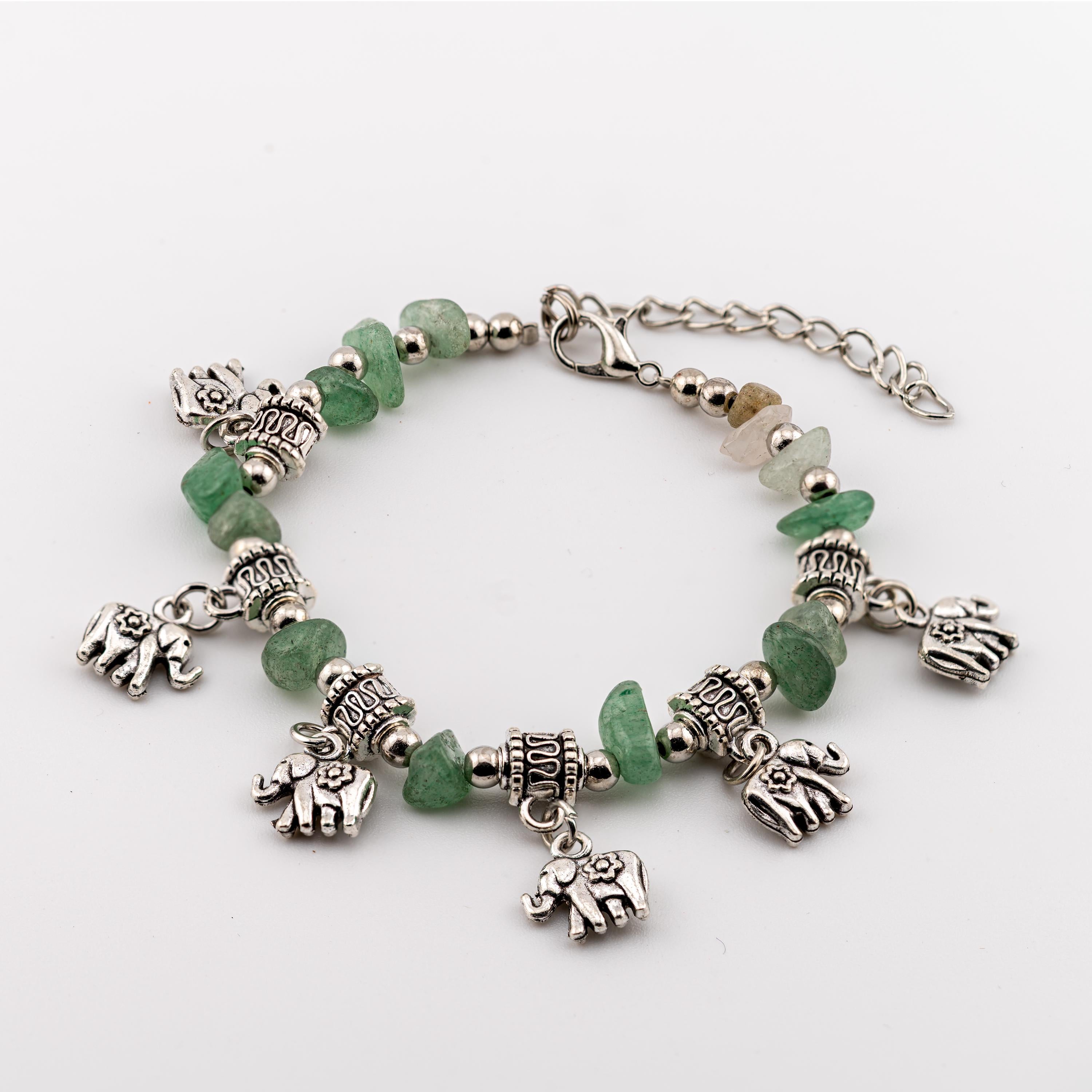 Green Stone Elephant Charm Bracelet for Women, Thai Handmade, Monk Blessed | Artisan Meadow