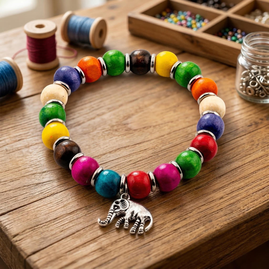 Colorful Wooden Bead Bracelet for Women, Thai Elephant Charm, Monk Blessed | Artisan Joy