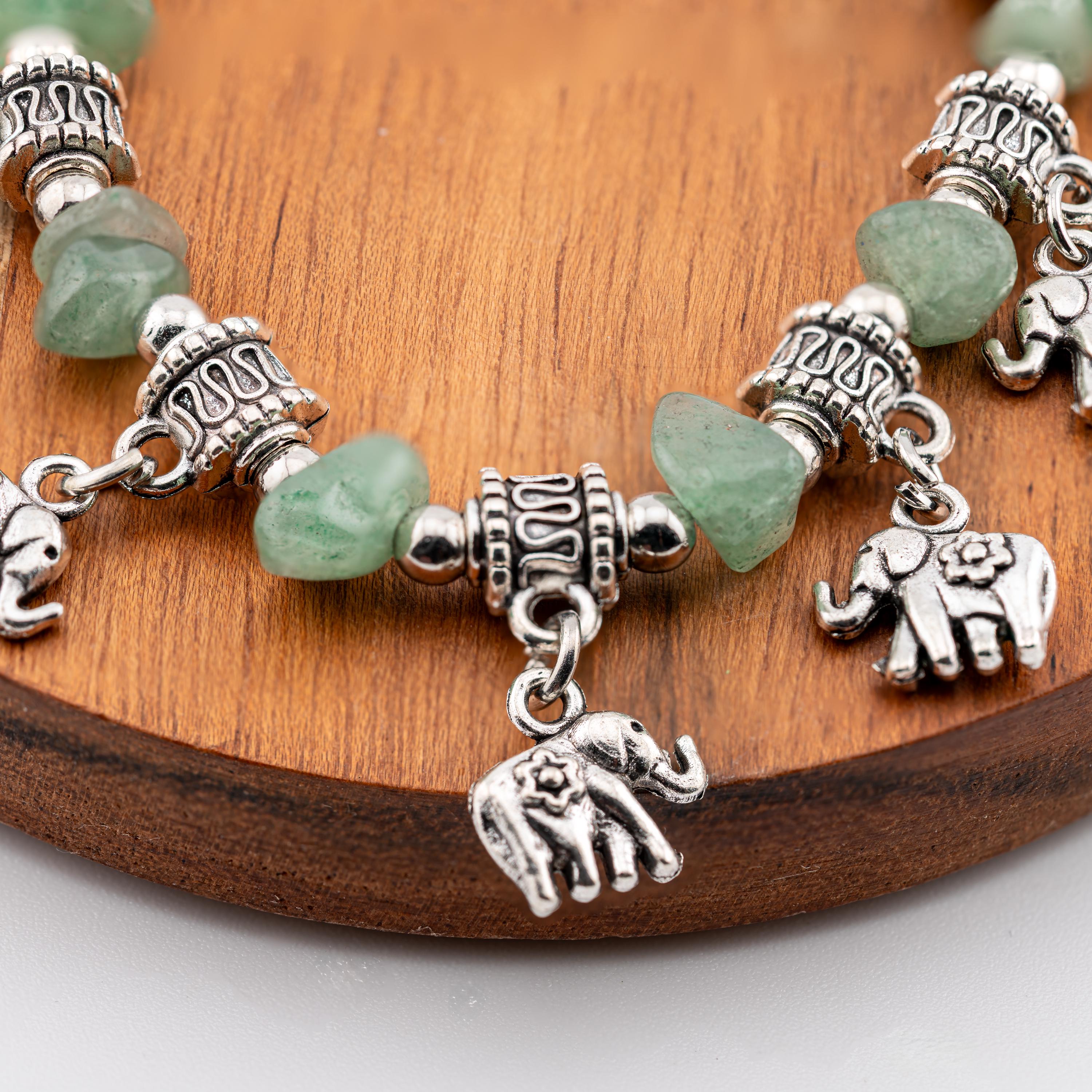 Green Stone Elephant Charm Bracelet for Women, Thai Handmade, Monk Blessed | Artisan Meadow