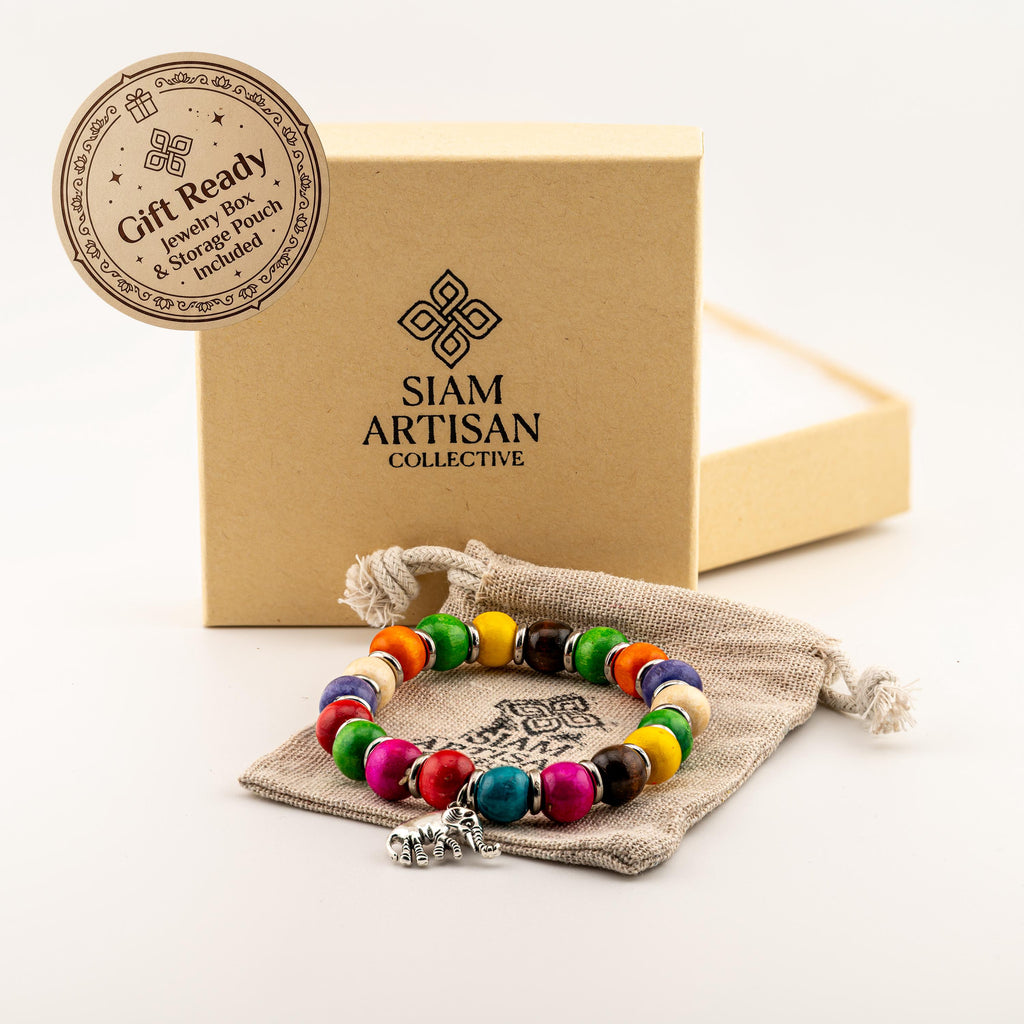 Colorful Wooden Bead Bracelet for Women, Thai Elephant Charm, Monk Blessed | Artisan Joy