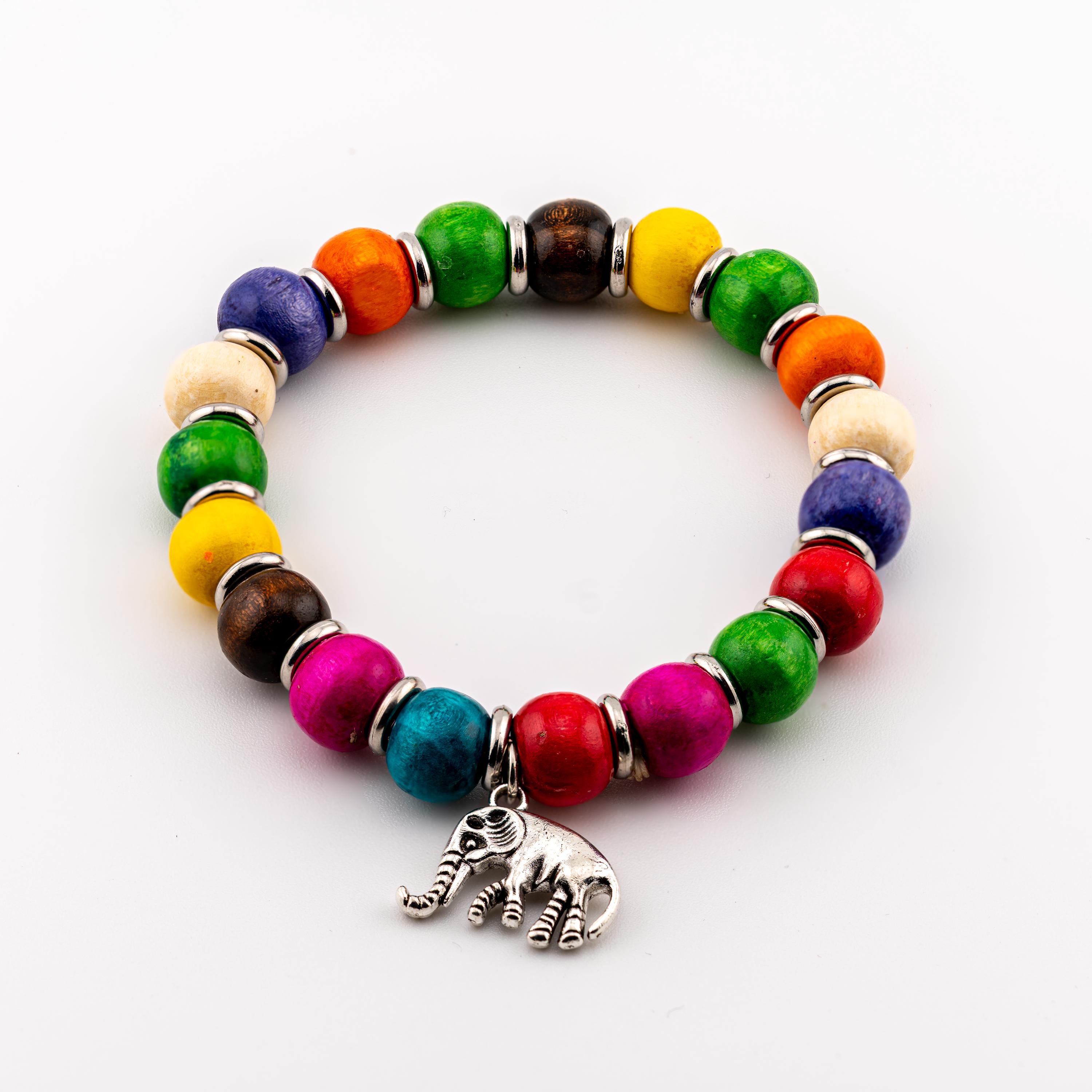 Colorful Wooden Bead Bracelet for Women, Thai Elephant Charm, Monk Blessed | Artisan Joy