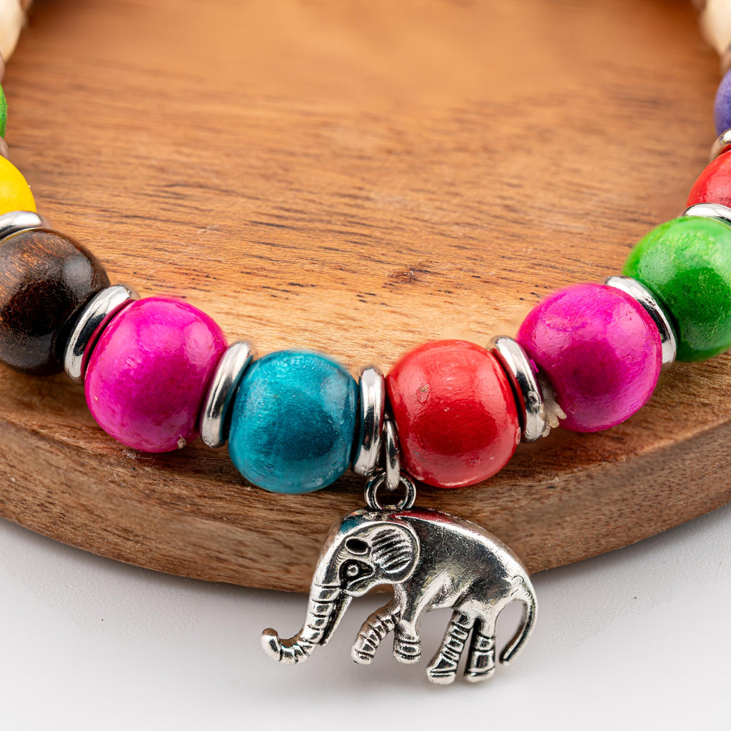 Colorful Wooden Bead Bracelet for Women, Thai Elephant Charm, Monk Blessed | Artisan Joy