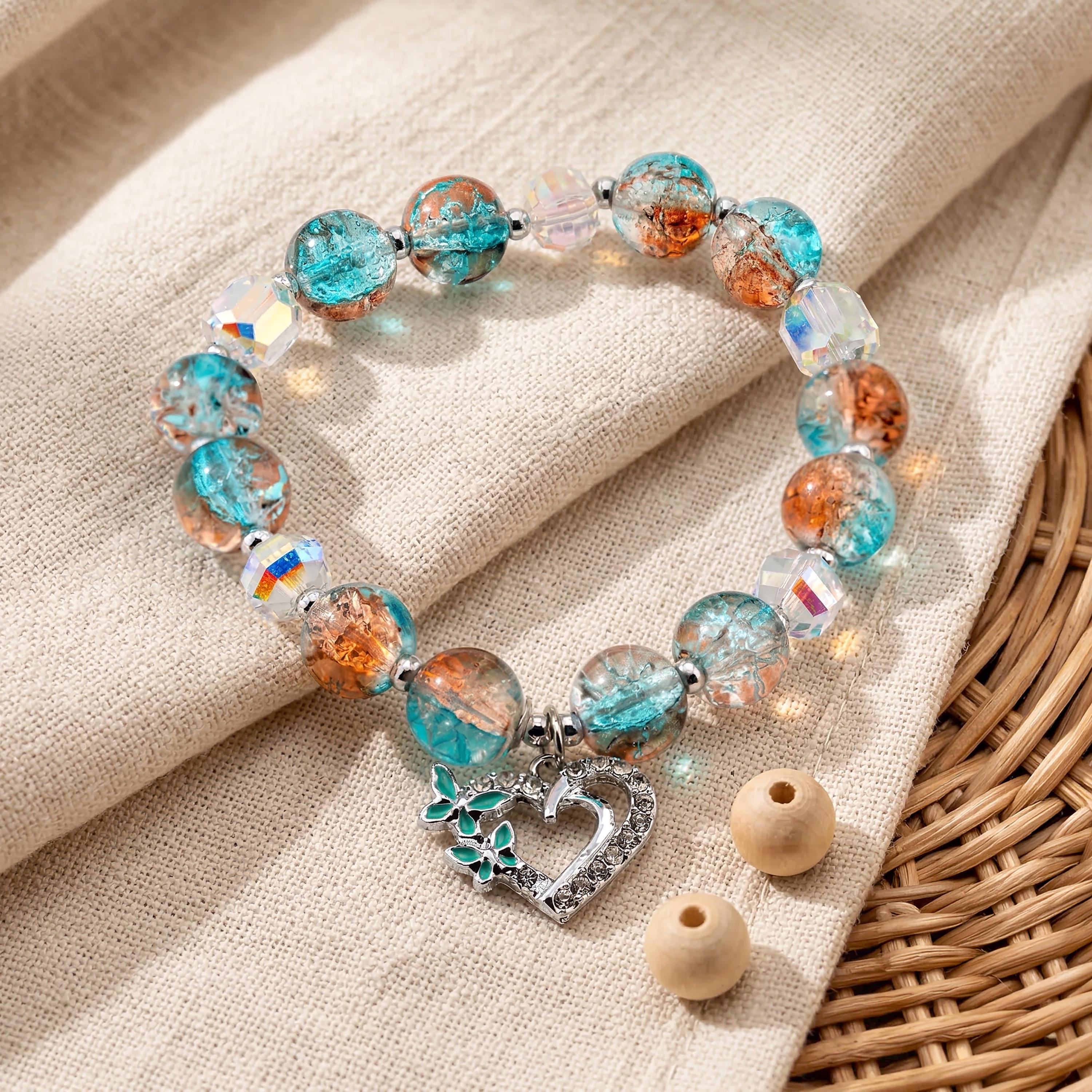Aqua Heart Charm Bracelet for Women, Thai Glass Beads, Monk Blessed | Artisan Serenity