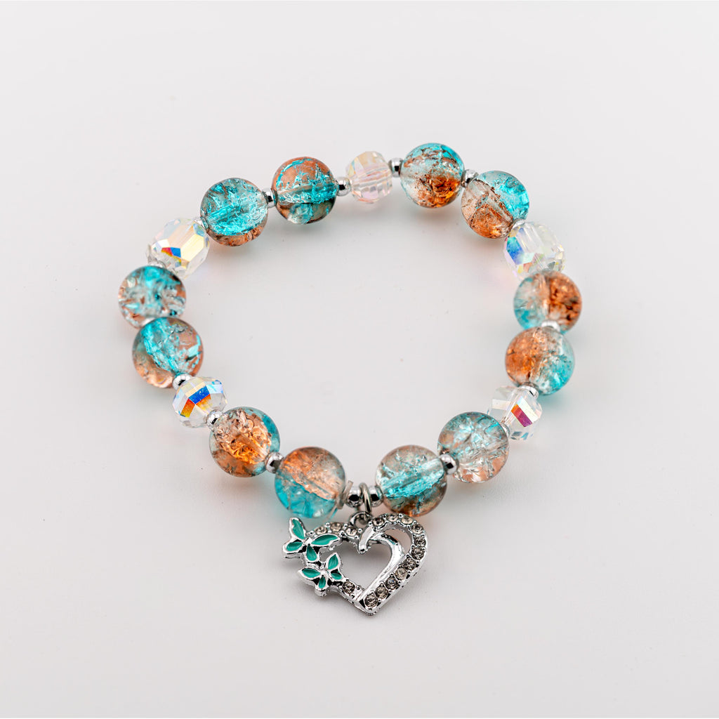 Aqua Heart Charm Bracelet for Women, Thai Glass Beads, Monk Blessed | Artisan Serenity