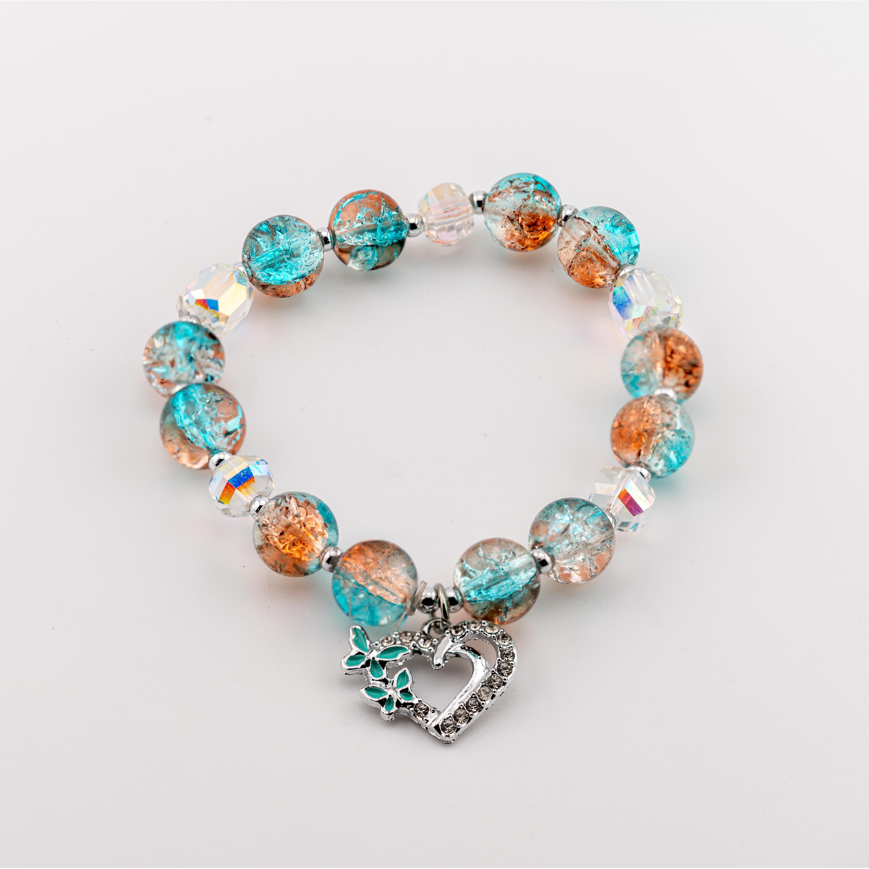 Aqua Heart Charm Bracelet for Women, Thai Glass Beads, Monk Blessed | Artisan Serenity