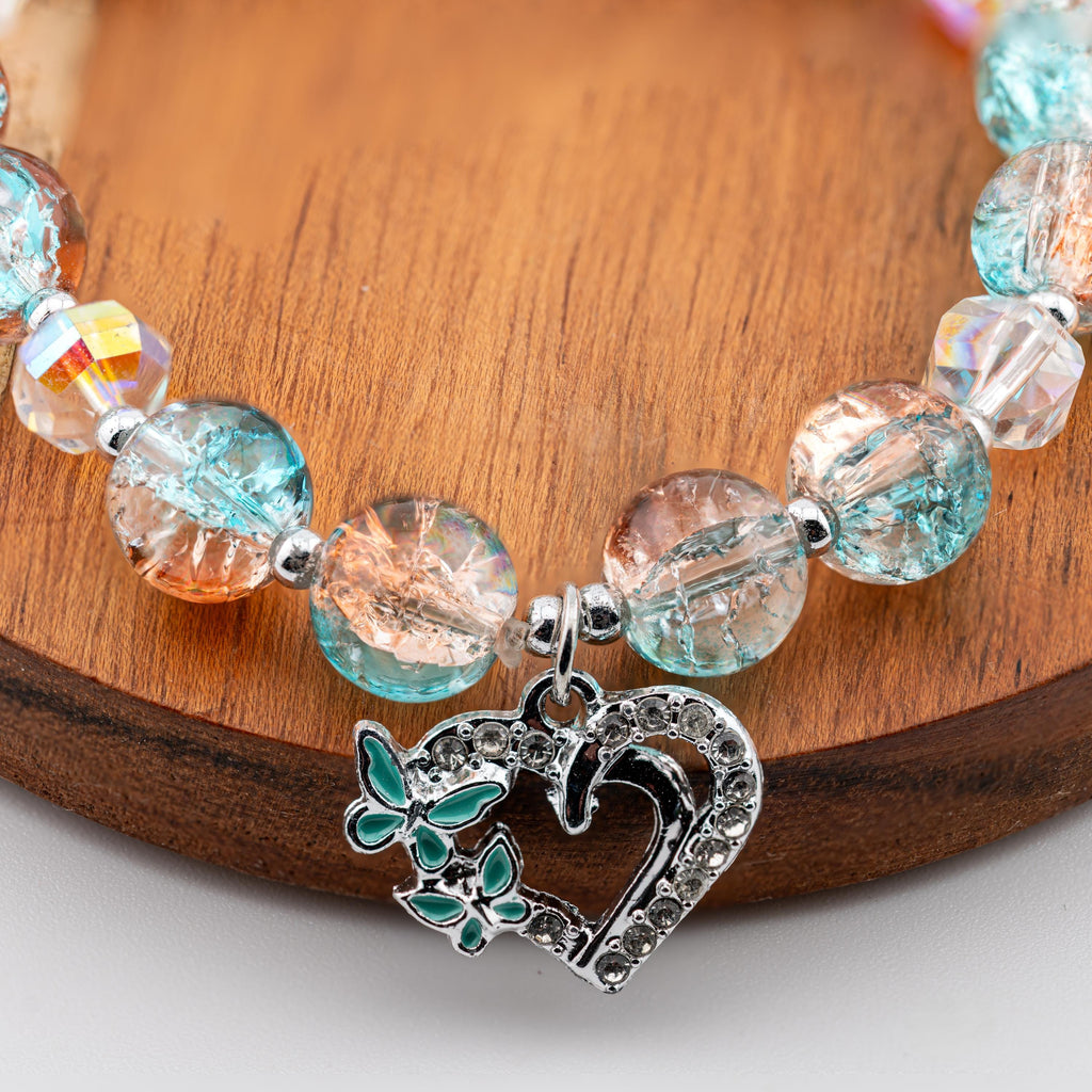 Aqua Heart Charm Bracelet for Women, Thai Glass Beads, Monk Blessed | Artisan Serenity