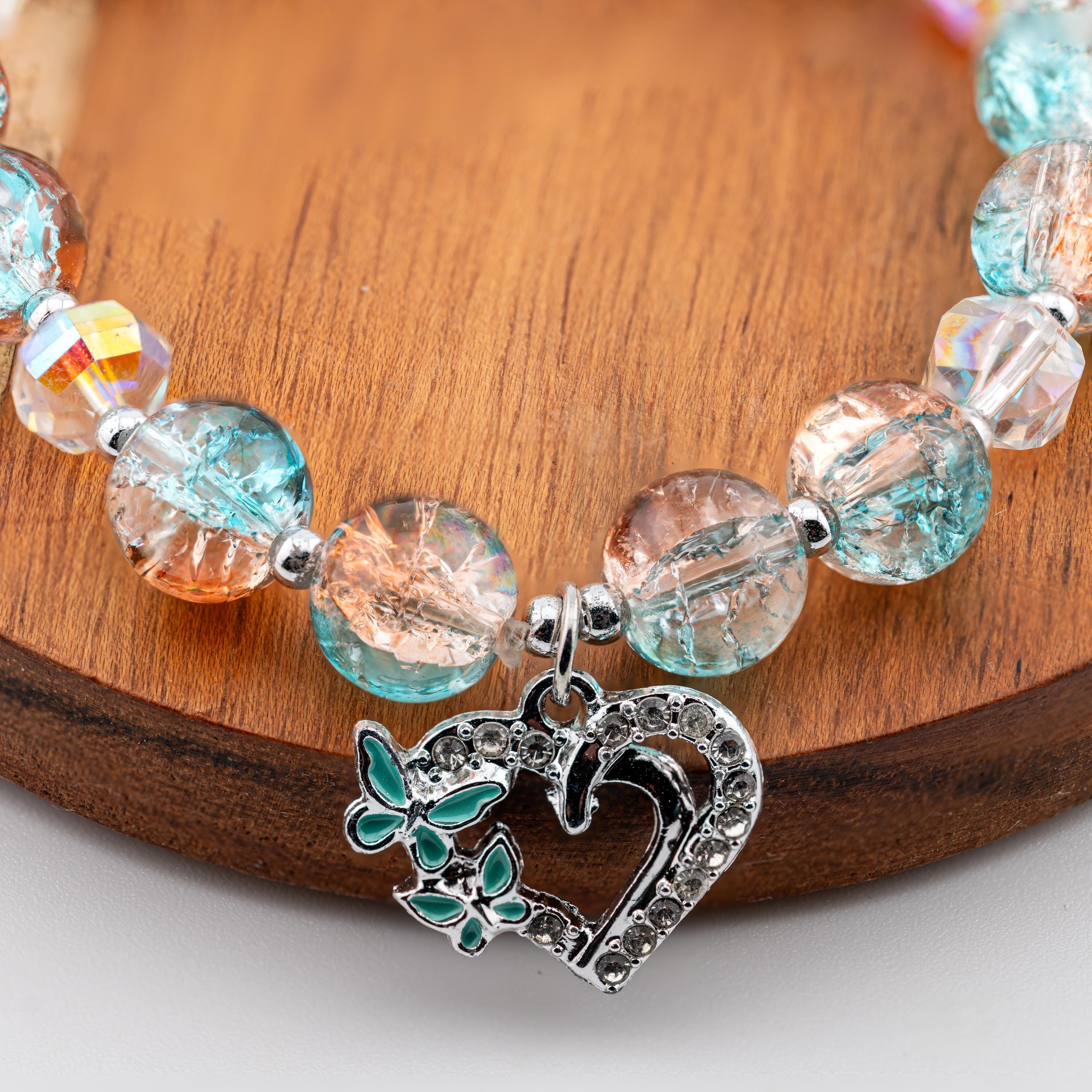 Aqua Heart Charm Bracelet for Women, Thai Glass Beads, Monk Blessed | Artisan Serenity