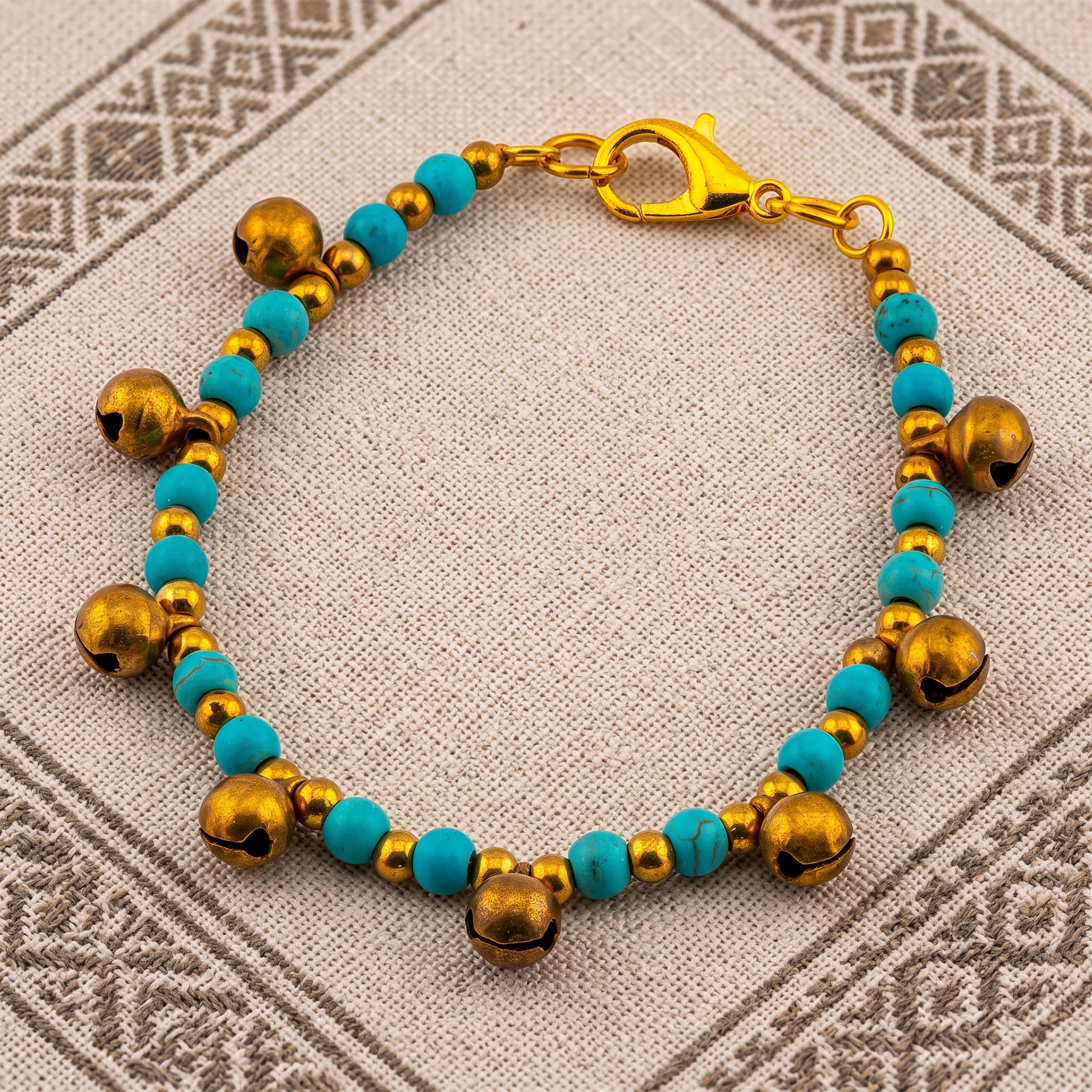 Turquoise Color Natural Stone Bracelet for Women, Brass Bell Charm Bracelet, Monk Blessed | Artisan Cadence