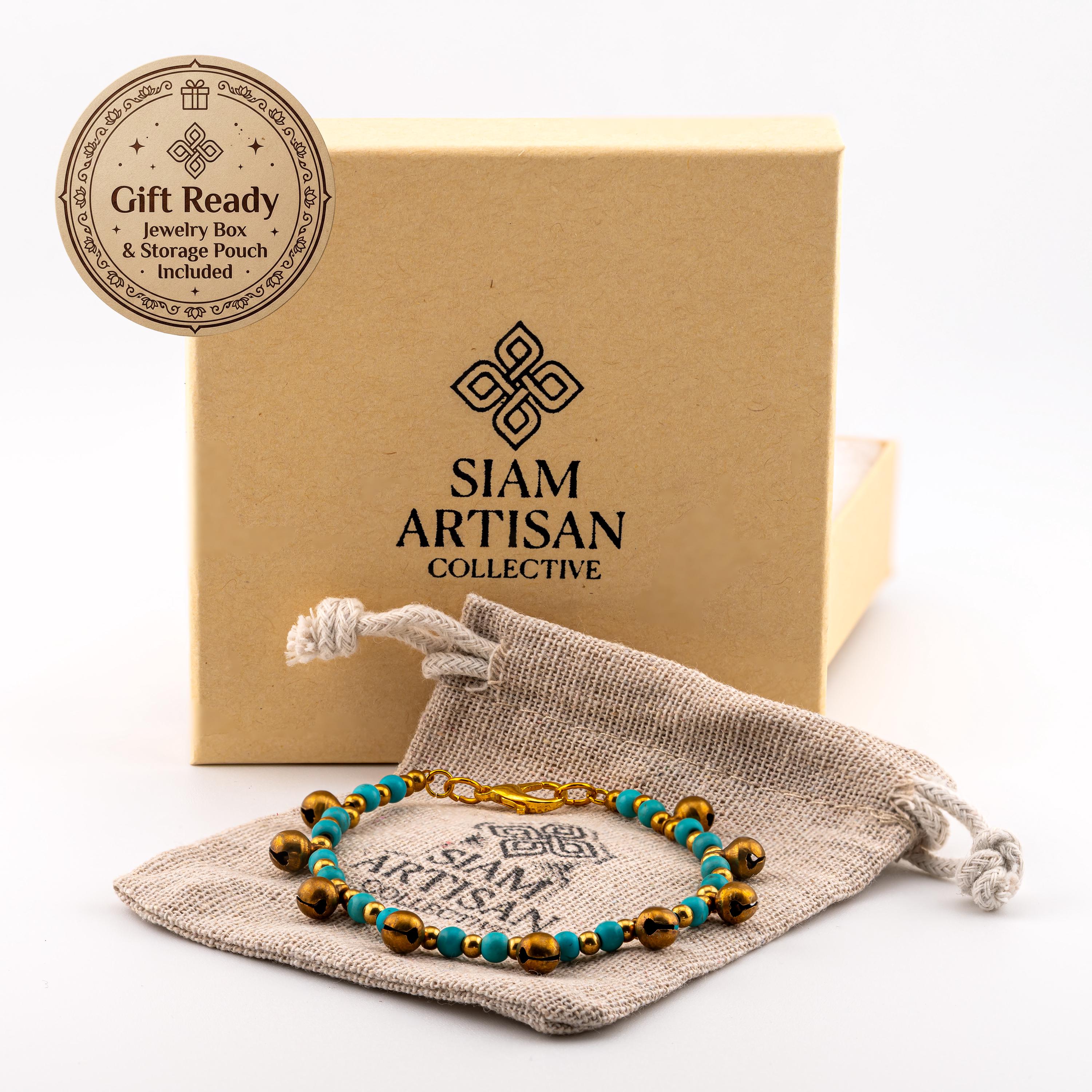 Turquoise Color Natural Stone Bracelet for Women, Brass Bell Charm Bracelet, Monk Blessed | Artisan Cadence