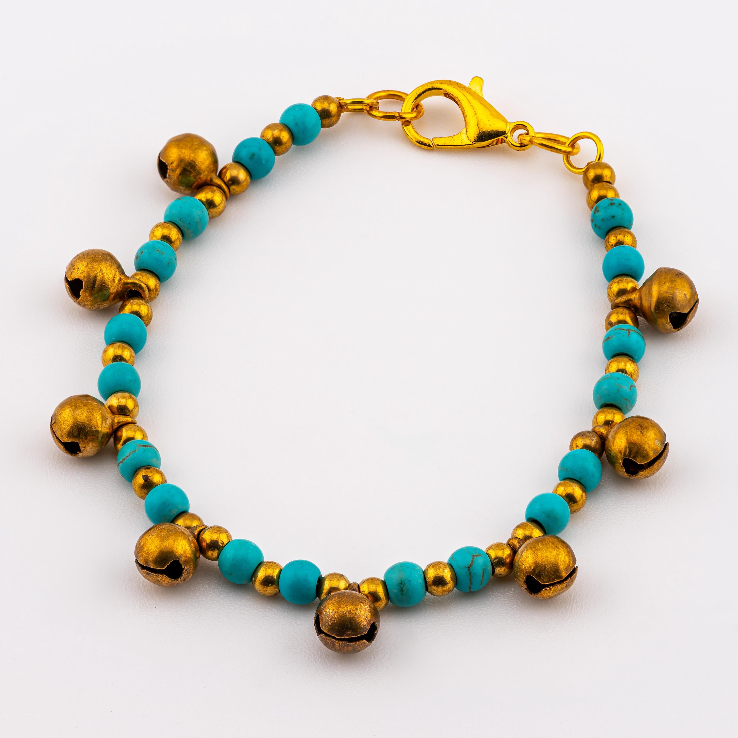 Turquoise Color Natural Stone Bracelet for Women, Brass Bell Charm Bracelet, Monk Blessed | Artisan Cadence