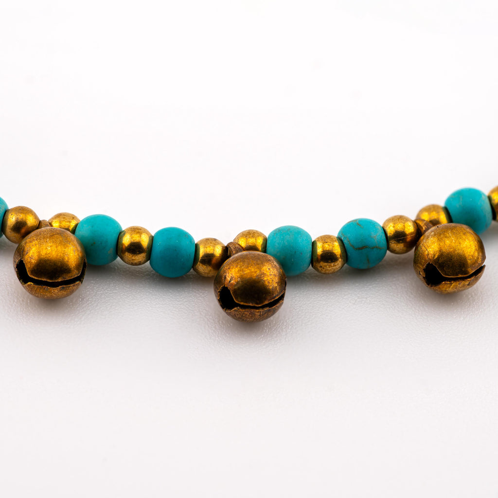 Turquoise Color Natural Stone Bracelet for Women, Brass Bell Charm Bracelet, Monk Blessed | Artisan Cadence