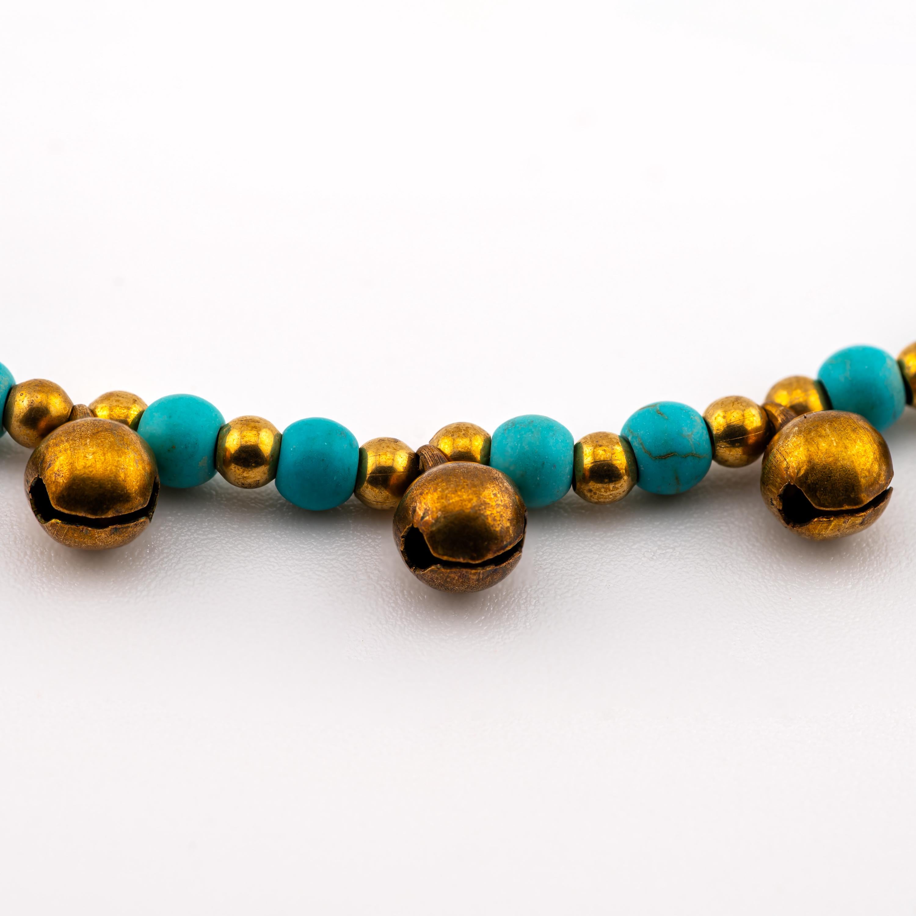 Turquoise Color Natural Stone Bracelet for Women, Brass Bell Charm Bracelet, Monk Blessed | Artisan Cadence