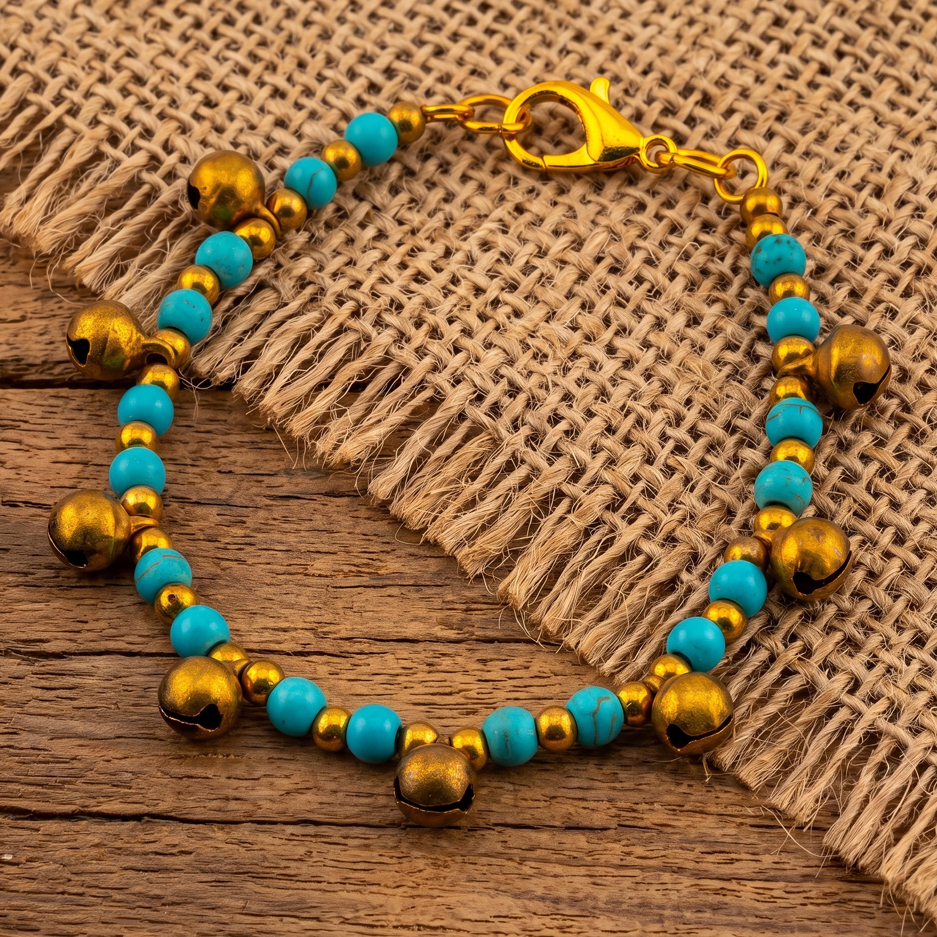 Turquoise Color Natural Stone Bracelet for Women, Brass Bell Charm Bracelet, Monk Blessed | Artisan Cadence