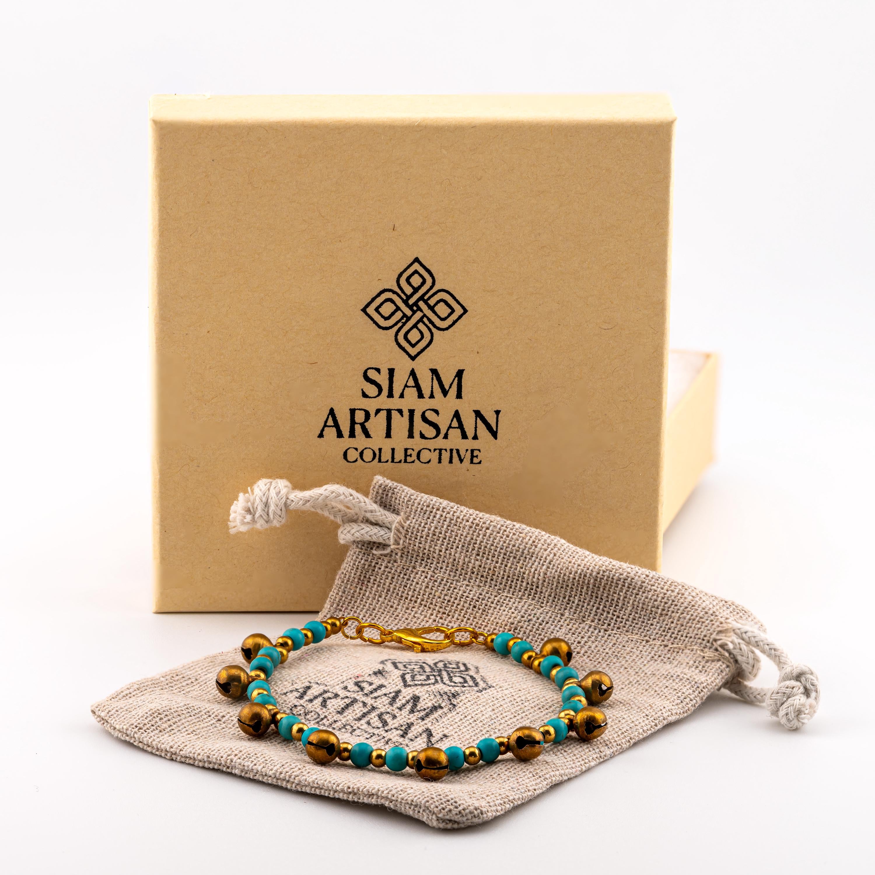 Turquoise Color Natural Stone Bracelet for Women, Brass Bell Charm Bracelet, Monk Blessed | Artisan Cadence