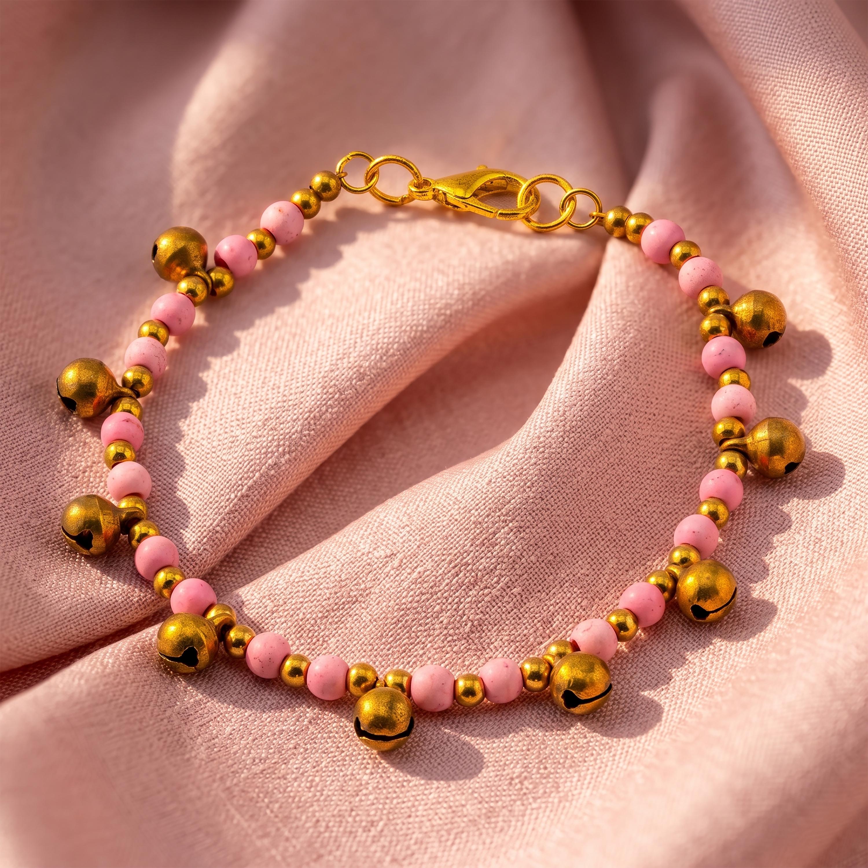 Pink Natural Stone Bracelet for Women, Brass Bell Charm Bracelet, Monk Blessed | Artisan Reverie