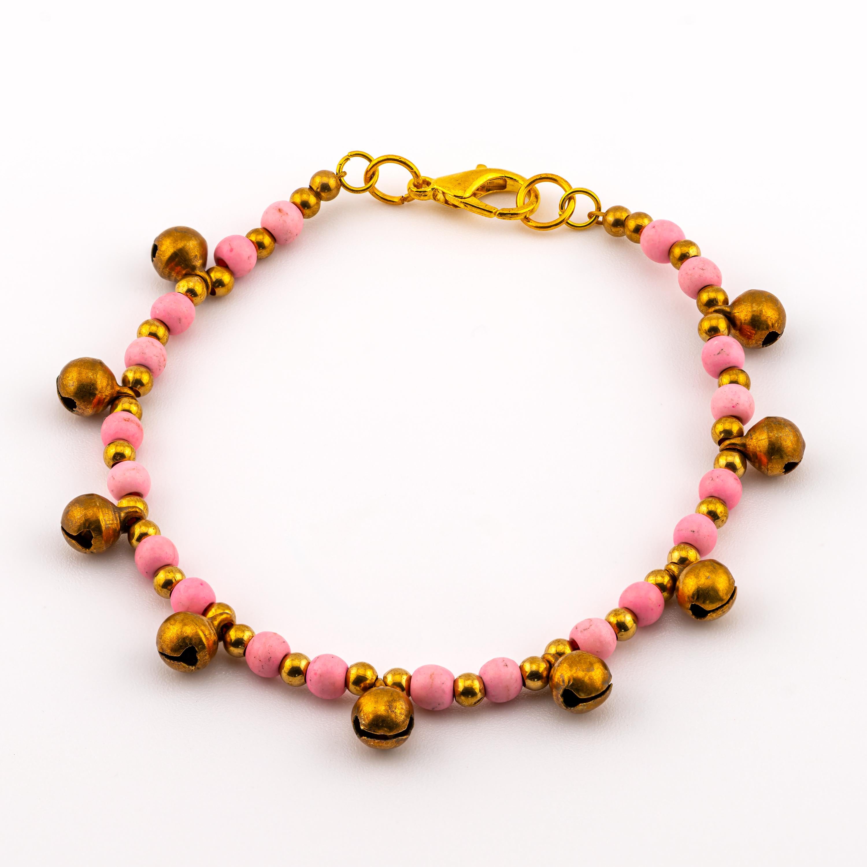 Pink Natural Stone Bracelet for Women, Brass Bell Charm Bracelet, Monk Blessed | Artisan Reverie
