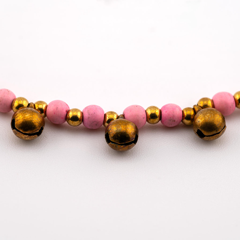 Pink Natural Stone Bracelet for Women, Brass Bell Charm Bracelet, Monk Blessed | Artisan Reverie