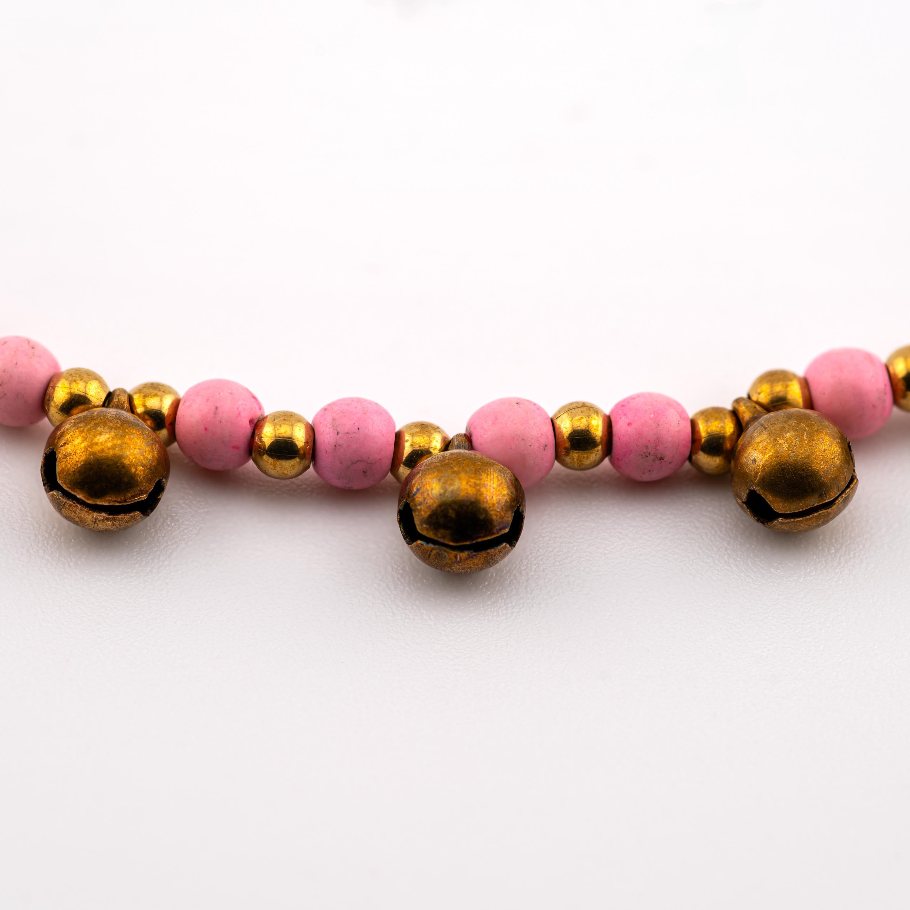 Pink Natural Stone Bracelet for Women, Brass Bell Charm Bracelet, Monk Blessed | Artisan Reverie