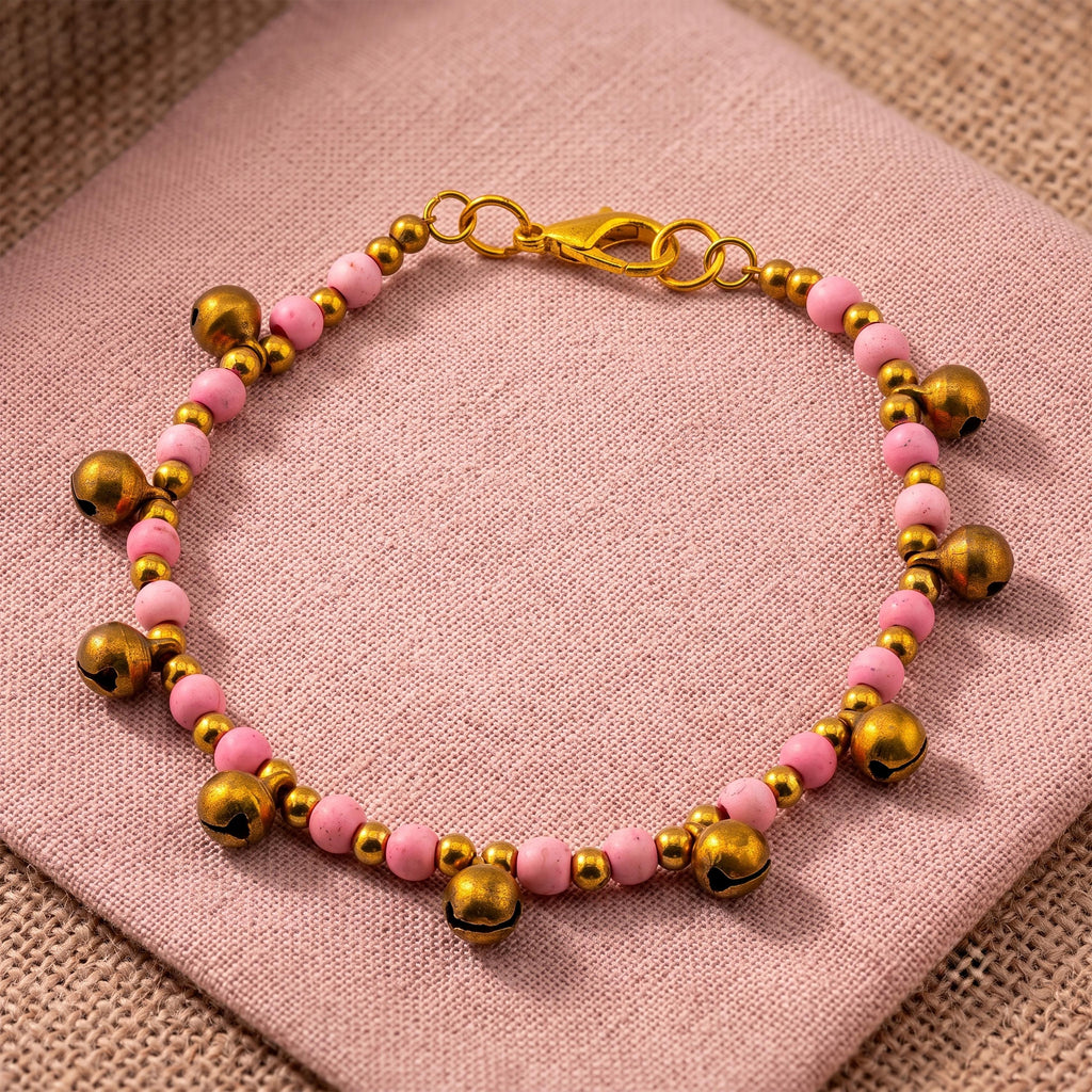 Pink Natural Stone Bracelet for Women, Brass Bell Charm Bracelet, Monk Blessed | Artisan Reverie