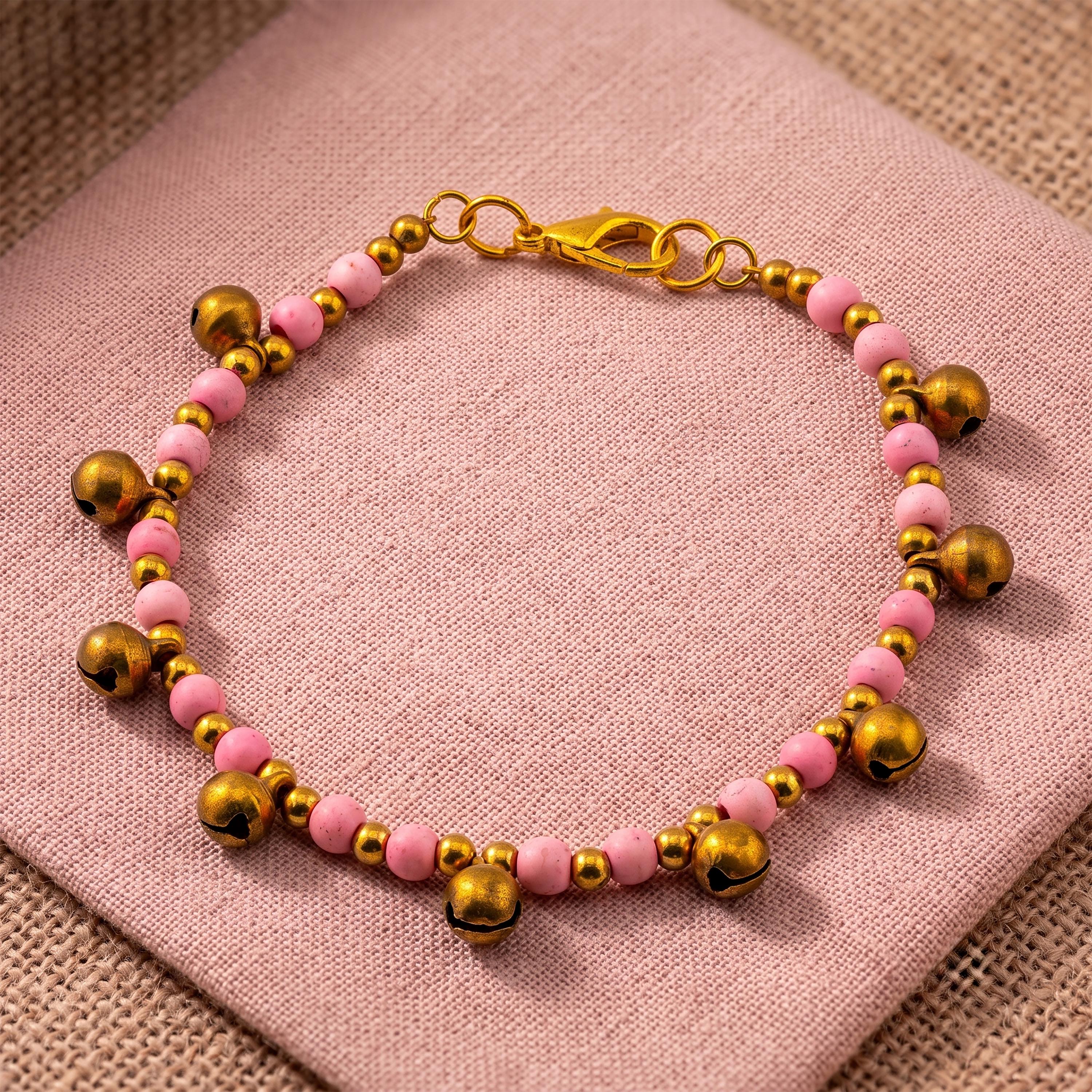 Pink Natural Stone Bracelet for Women, Brass Bell Charm Bracelet, Monk Blessed | Artisan Reverie